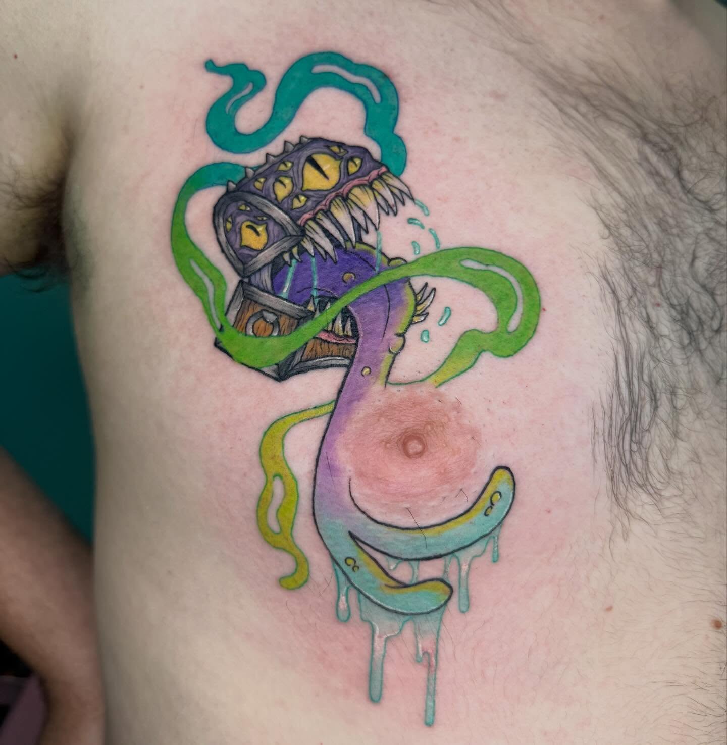 Monster new school tattoo on the chest by Bry