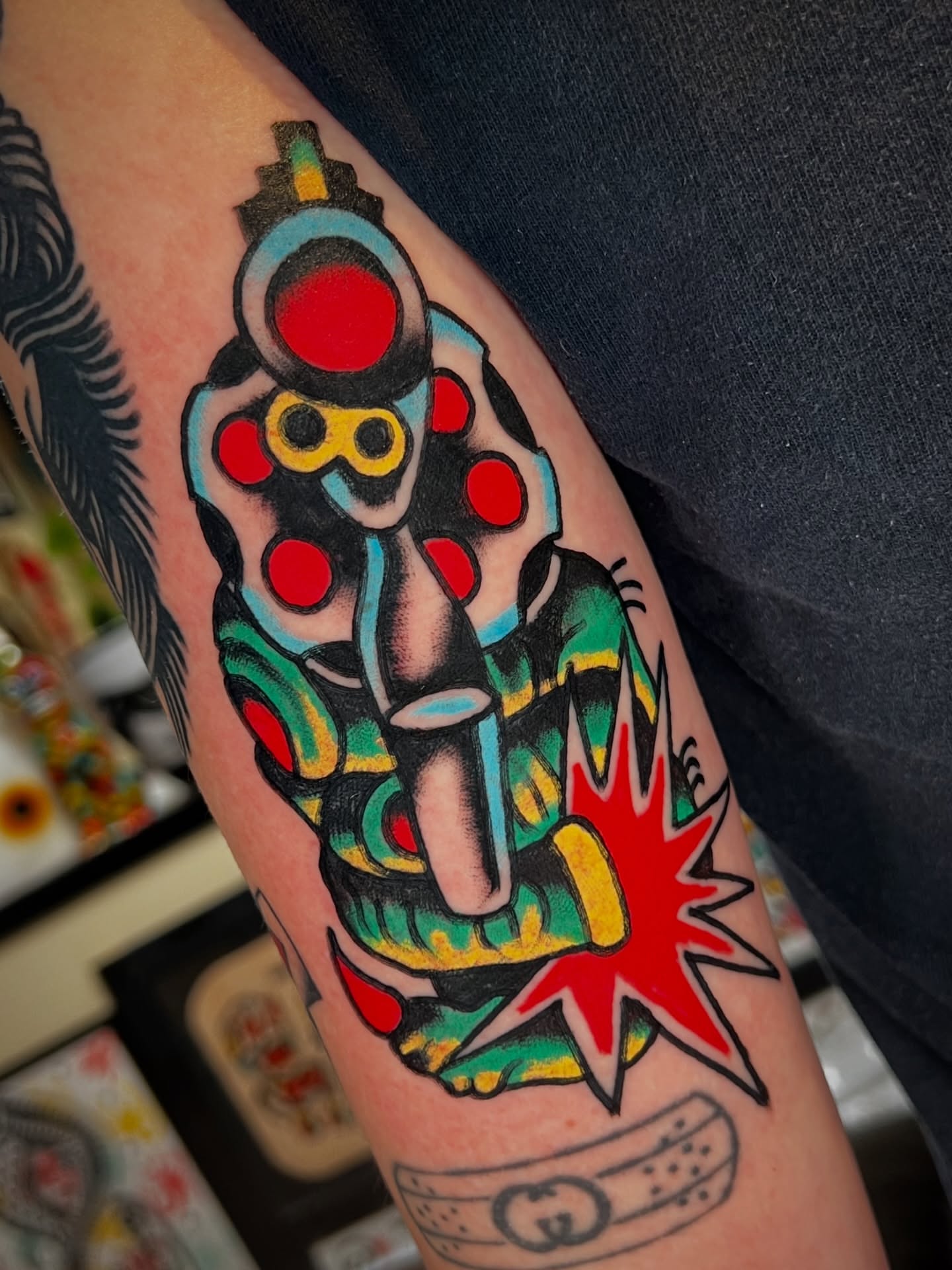 Robotic figure American traditional tattoo on the forearm by 💥Jeff Klug💥, Austin, Texas
