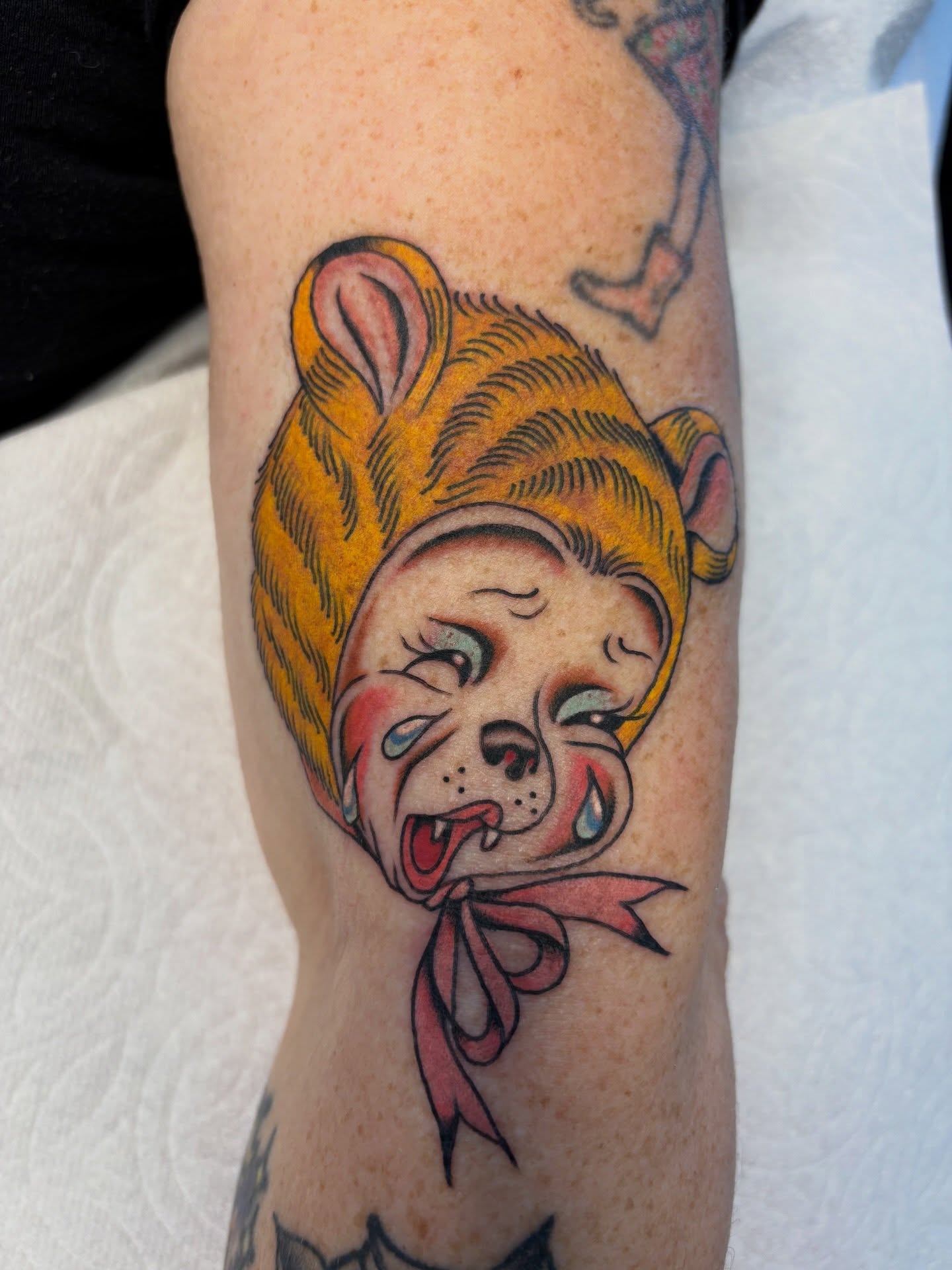 Teddy bear American traditional tattoo on the forearm by Nori