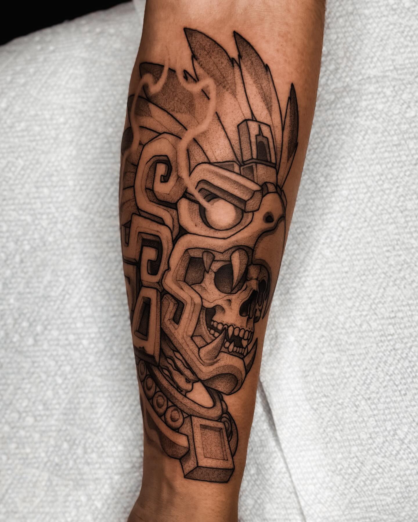Skull and geometric patterns geometric tattoo on the forearm by 𝔍𝔞𝔯𝔢𝔡 𝔞𝔩𝔩𝔢𝔫