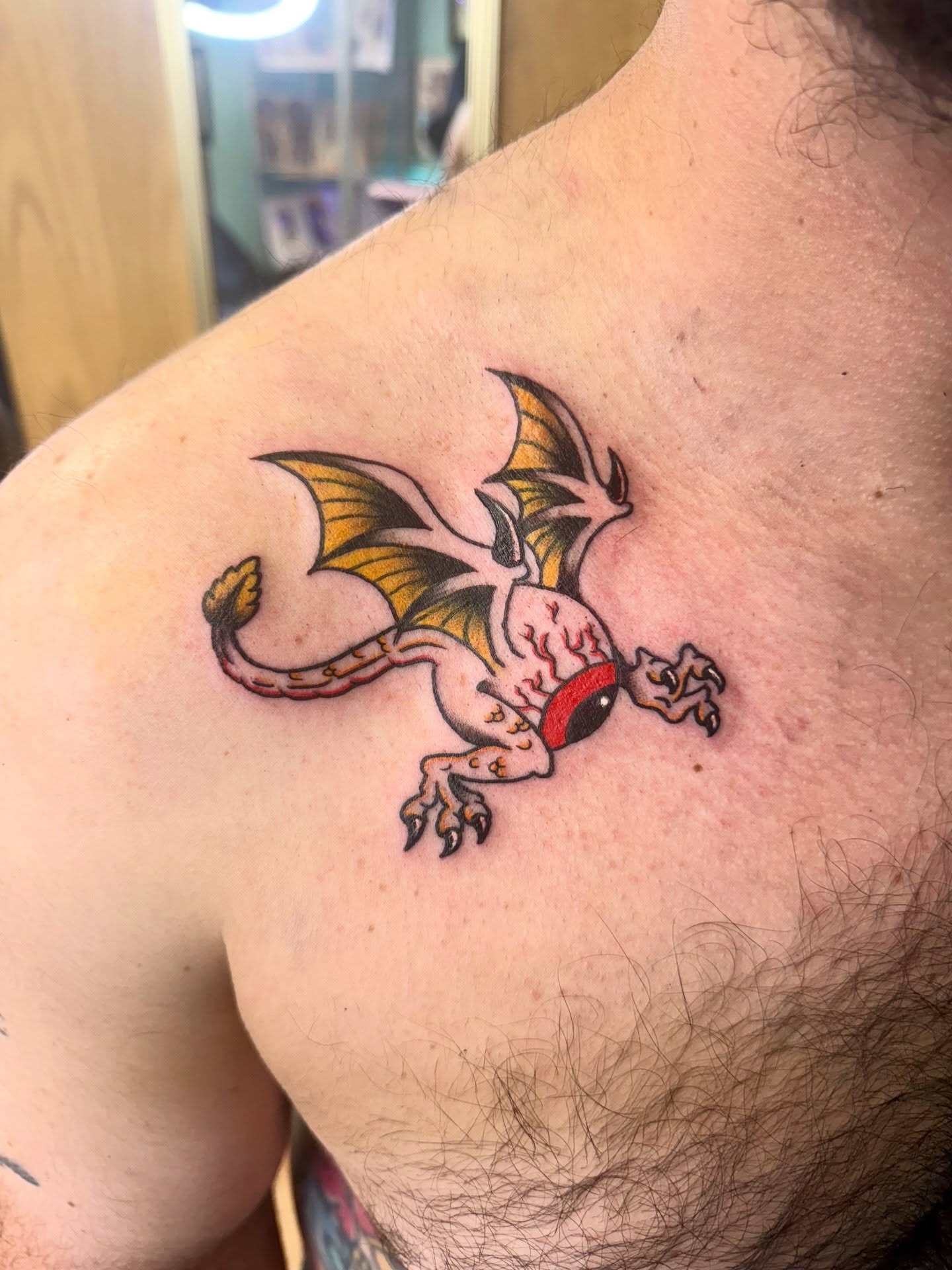 Dragon American traditional tattoo on the shoulder by Palmer Andrist🩸Fort Collins Tattoo Apprentice