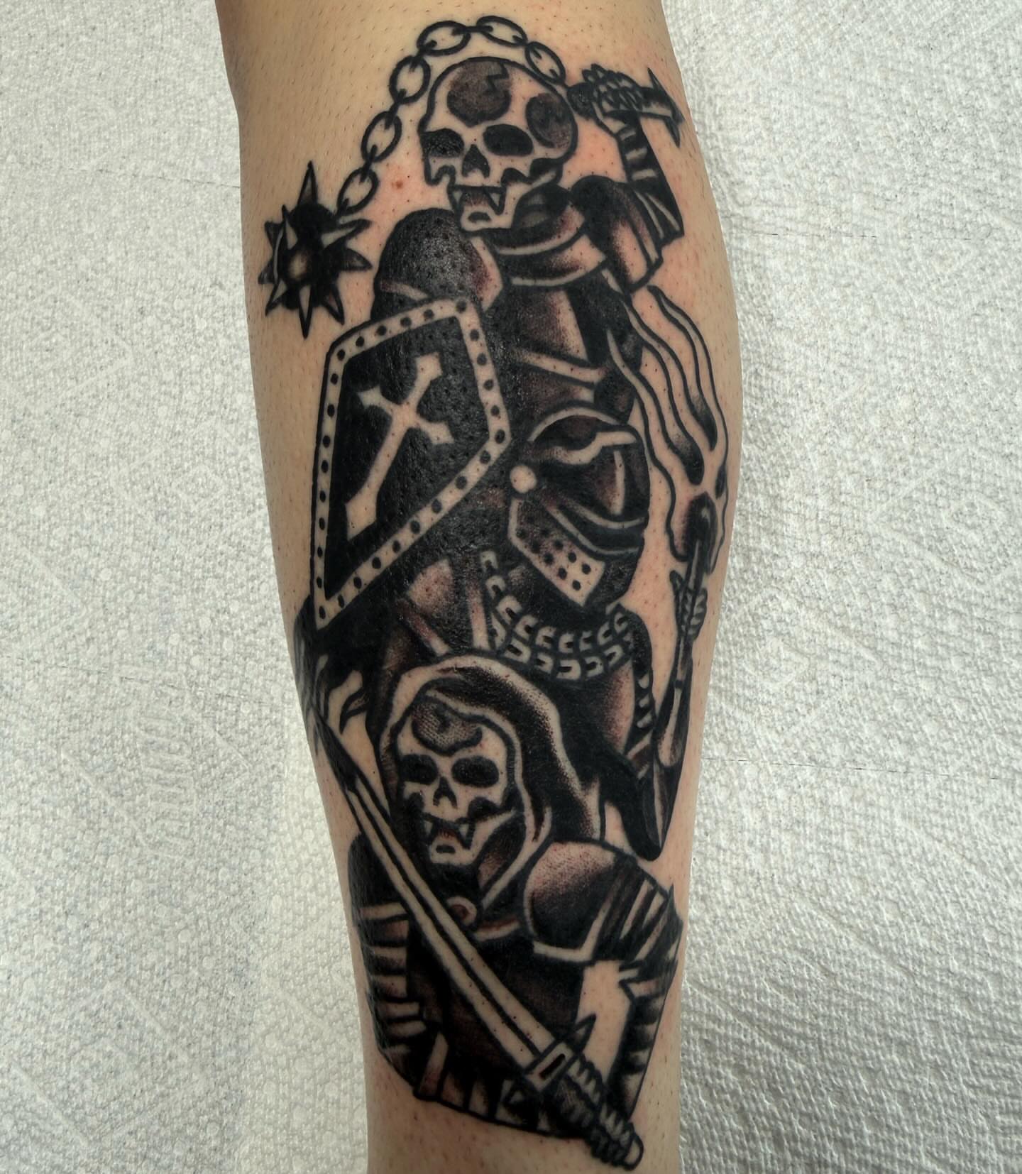 Skeleton warrior black and grey tattoo on the forearm by ༺tessa༻