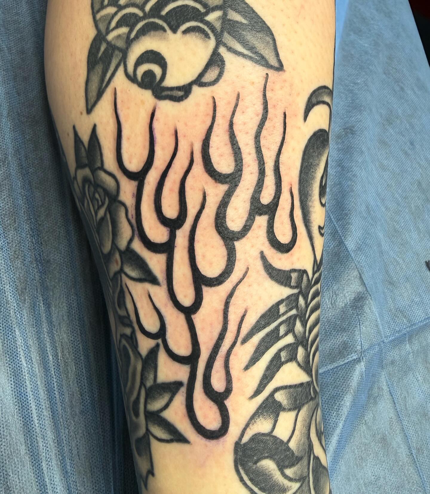 Ram and flames American traditional tattoo on the forearm by ༺tessa༻