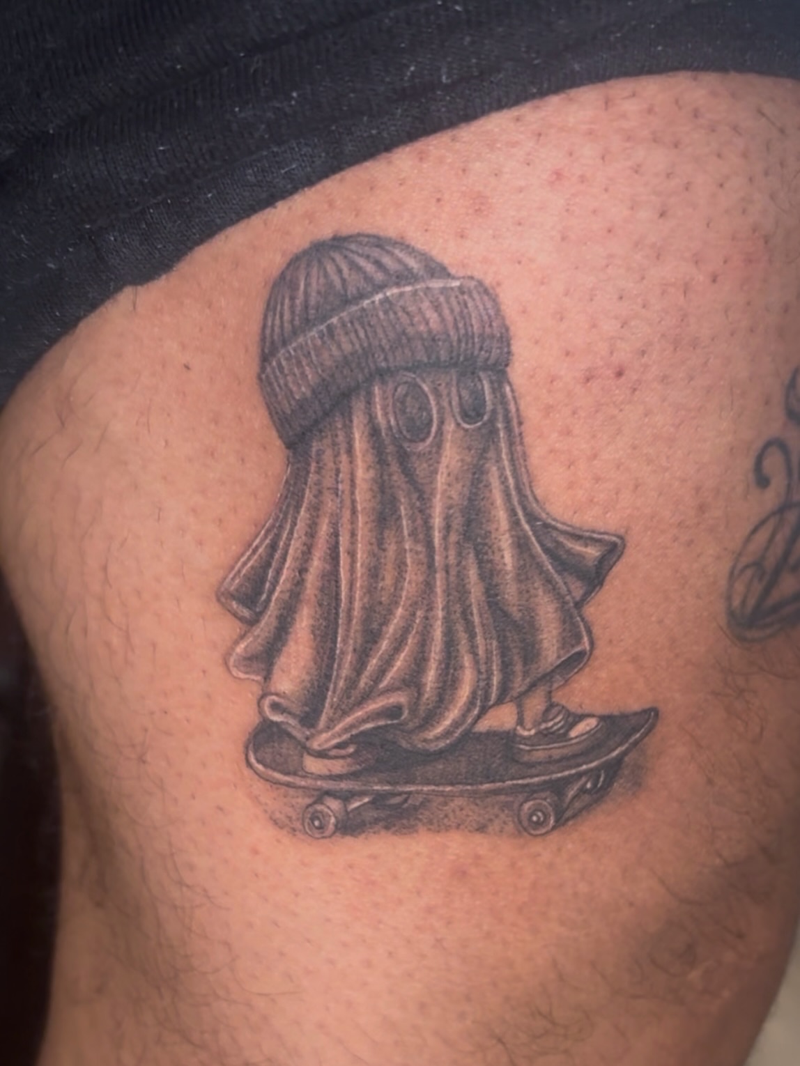 Skateboarding ghost realism tattoo on the thigh by 𝔾𝔥𝓸ş𝔱