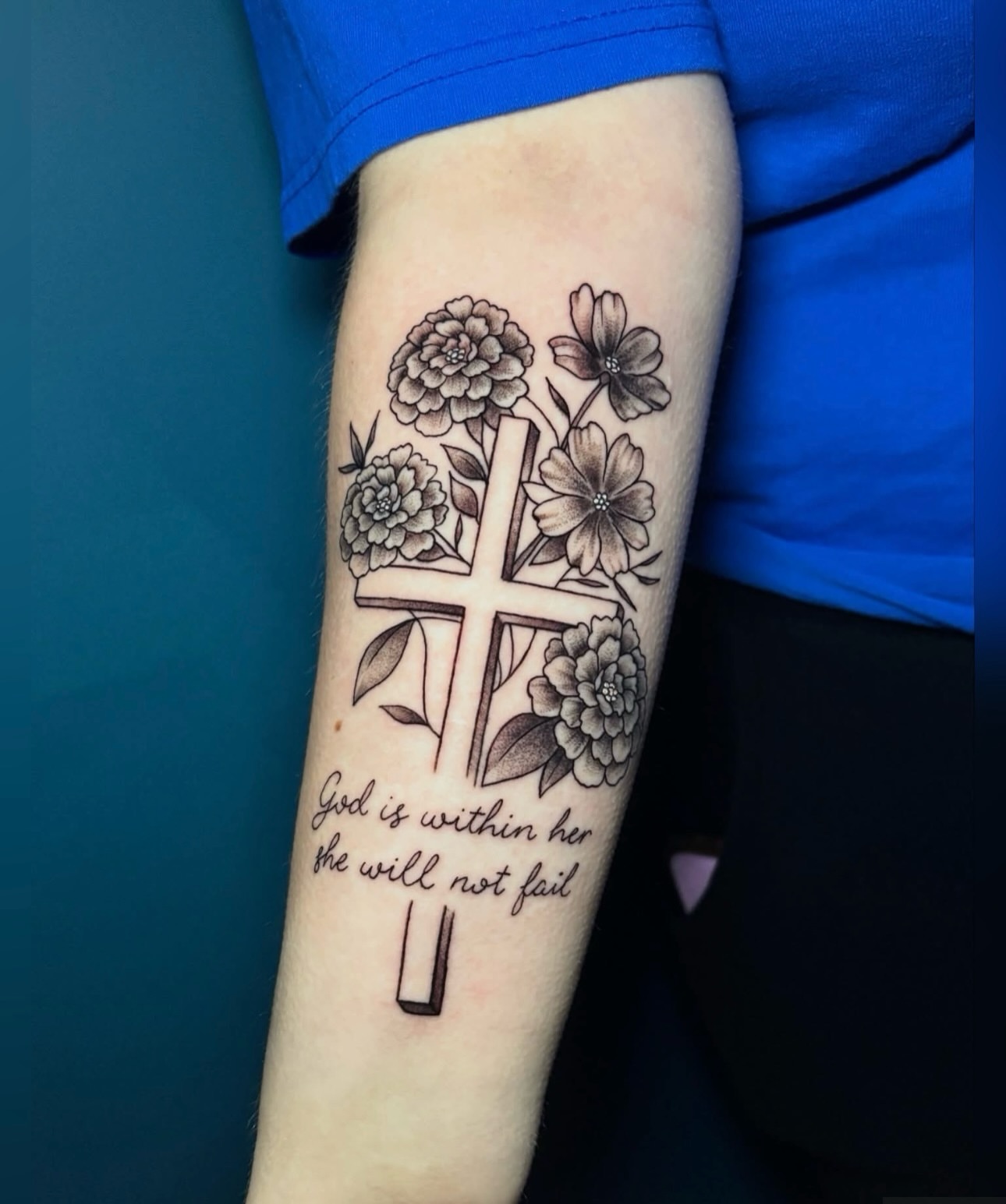 Cross and flowers black and grey tattoo on the forearm by 🌸Mandy Blossoms🌸The Cosplaying Tattoo Artist🌸