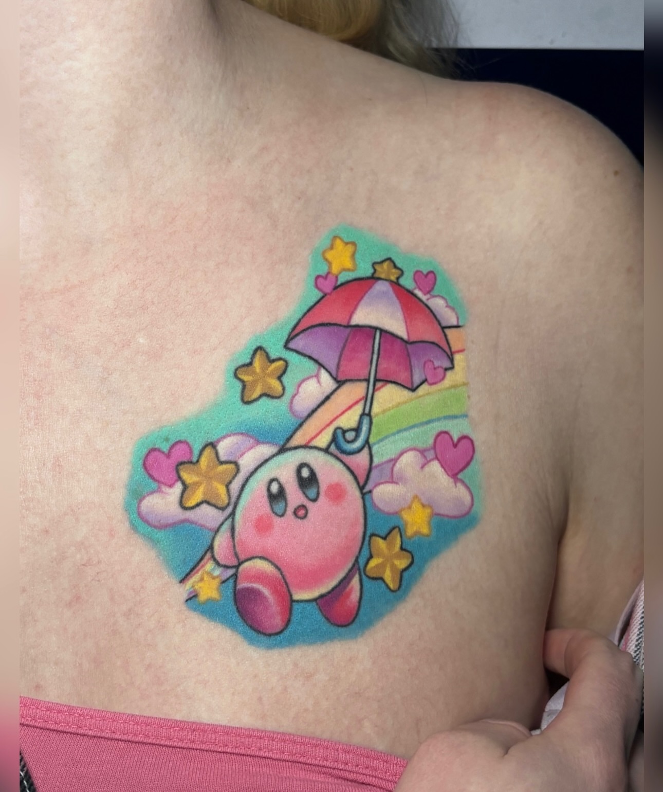 Kirby new school tattoo on the shoulder by 🌸Mandy Blossoms🌸The Cosplaying Tattoo Artist🌸