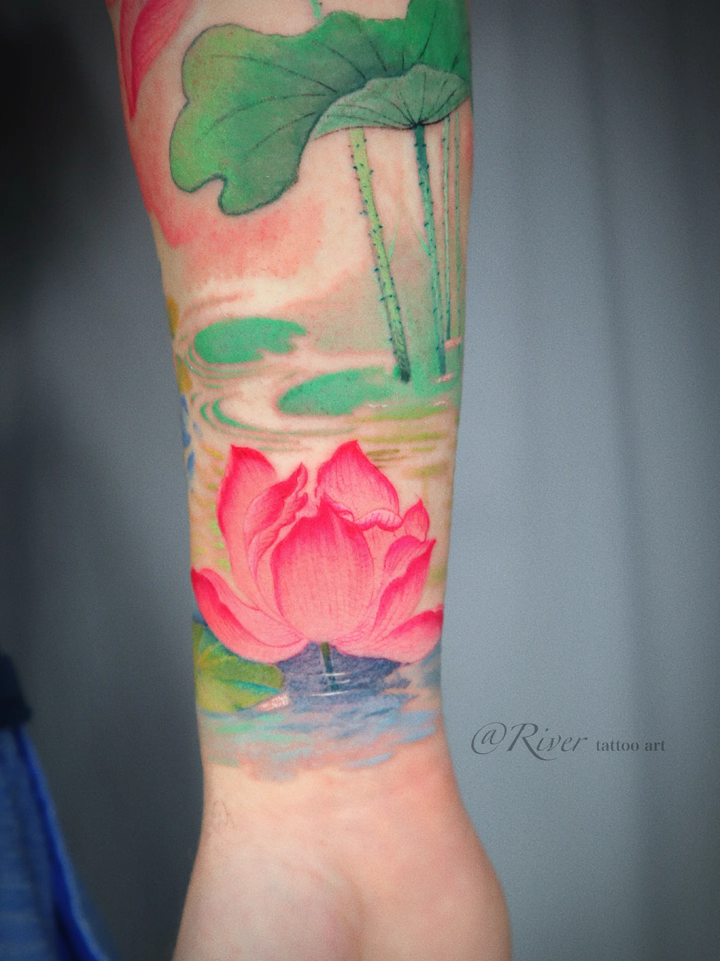 Lotus flower watercolor tattoo on the forearm by River