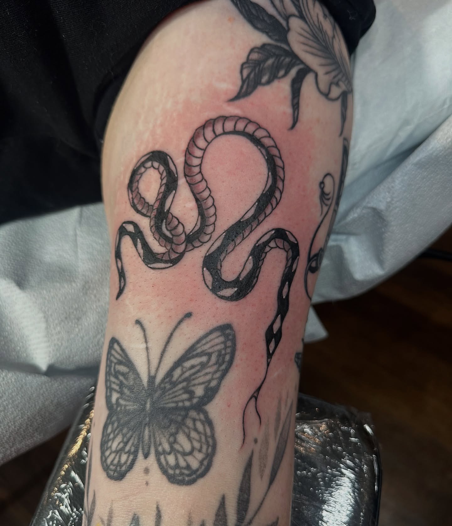 Snake and butterfly black and grey tattoo on the forearm by Stacy Fevinger