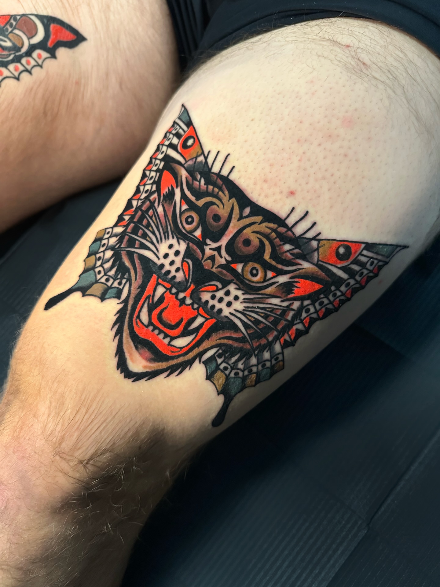 Cat American traditional tattoo on the thigh by A.j. Lingerfeldt, Nashville, Tennessee