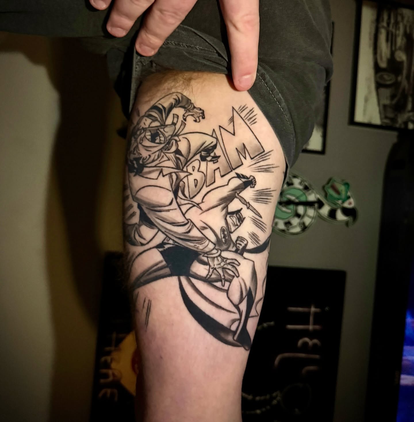 Jester black and grey tattoo on the thigh by @mexcellent_tattoos