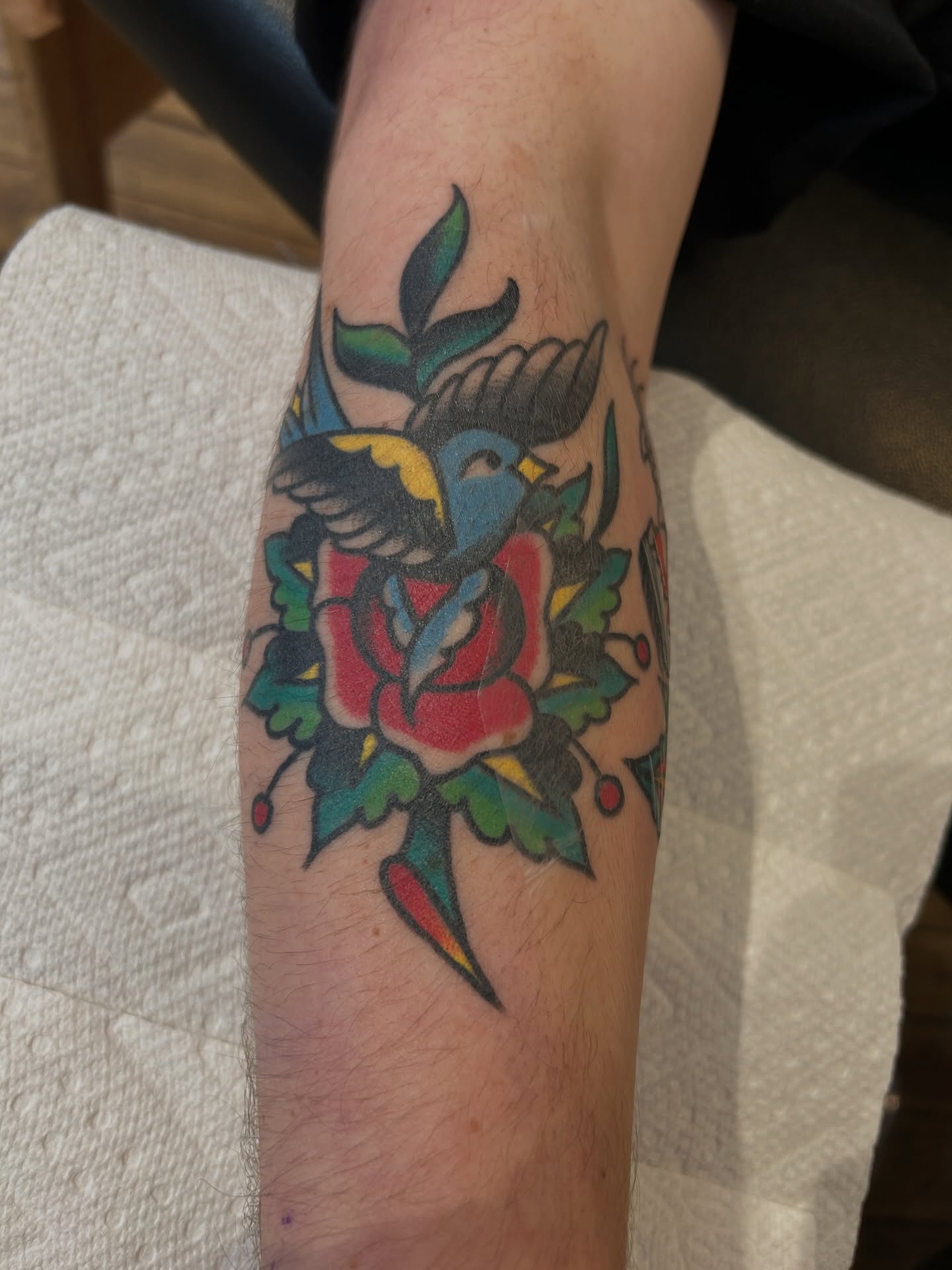 Bird and rose American traditional tattoo on the forearm by Eric Caudill, Indianapolis, Indiana