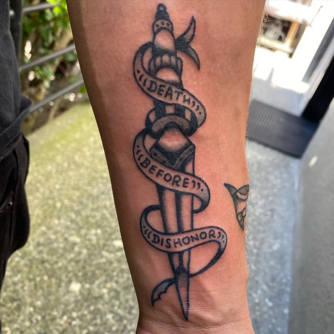 Tattoo by @thedrywiper — american_traditional, lettering_script