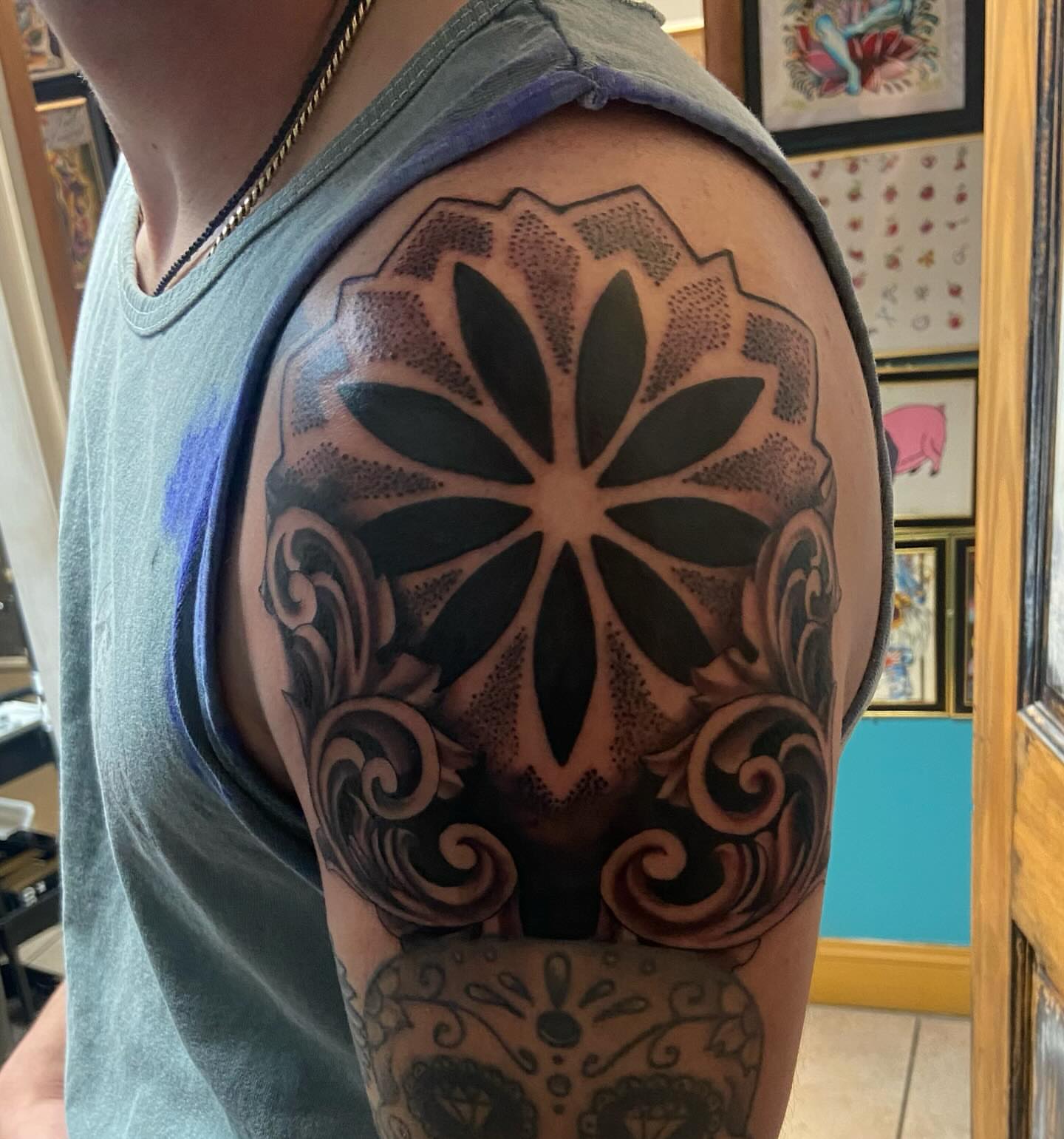 Tattoo by @tattooerin — dotwork, geometric