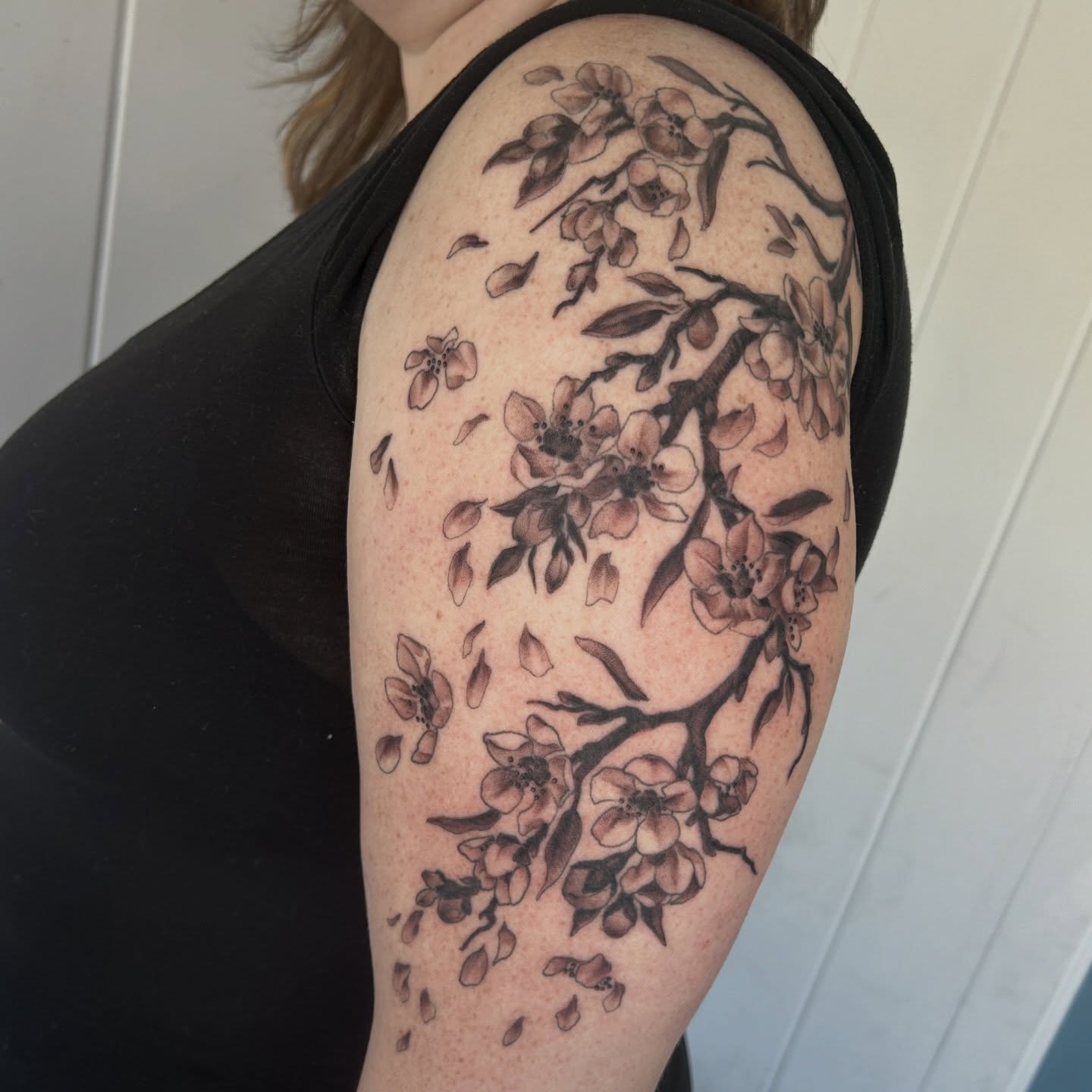 Cherry blossom black and grey tattoo on the shoulder by Anna Sylvan Tattoos