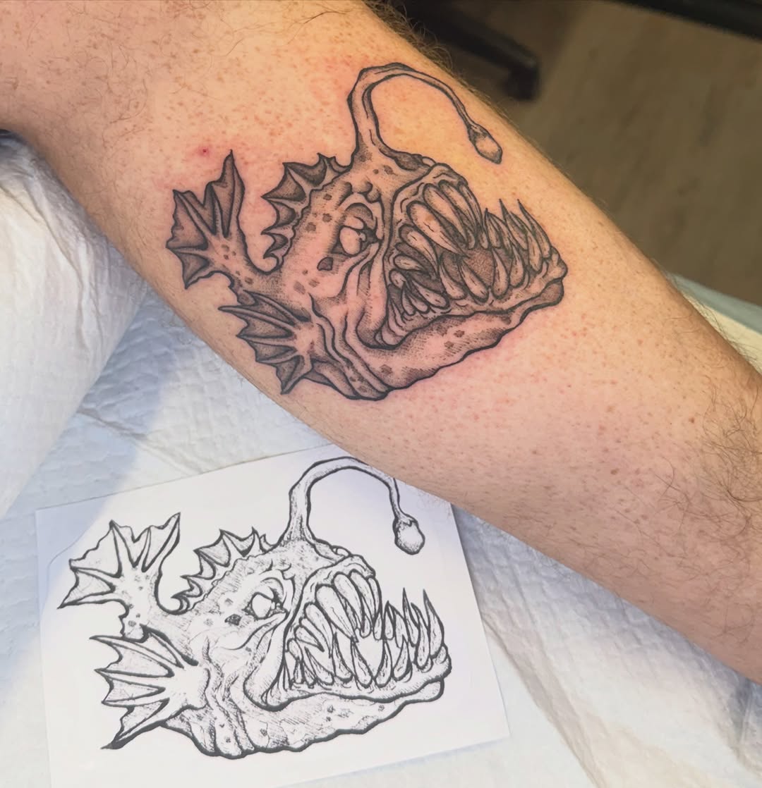 Anglerfish dark art tattoo on the forearm by Tyla Pistak, Seattle, Washington