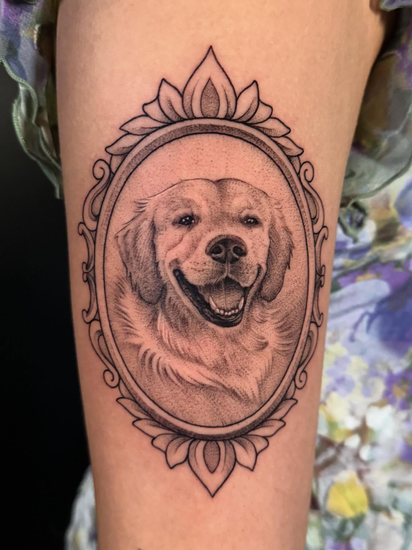 Dog portrait dotwork tattoo on the forearm by HAiZiE