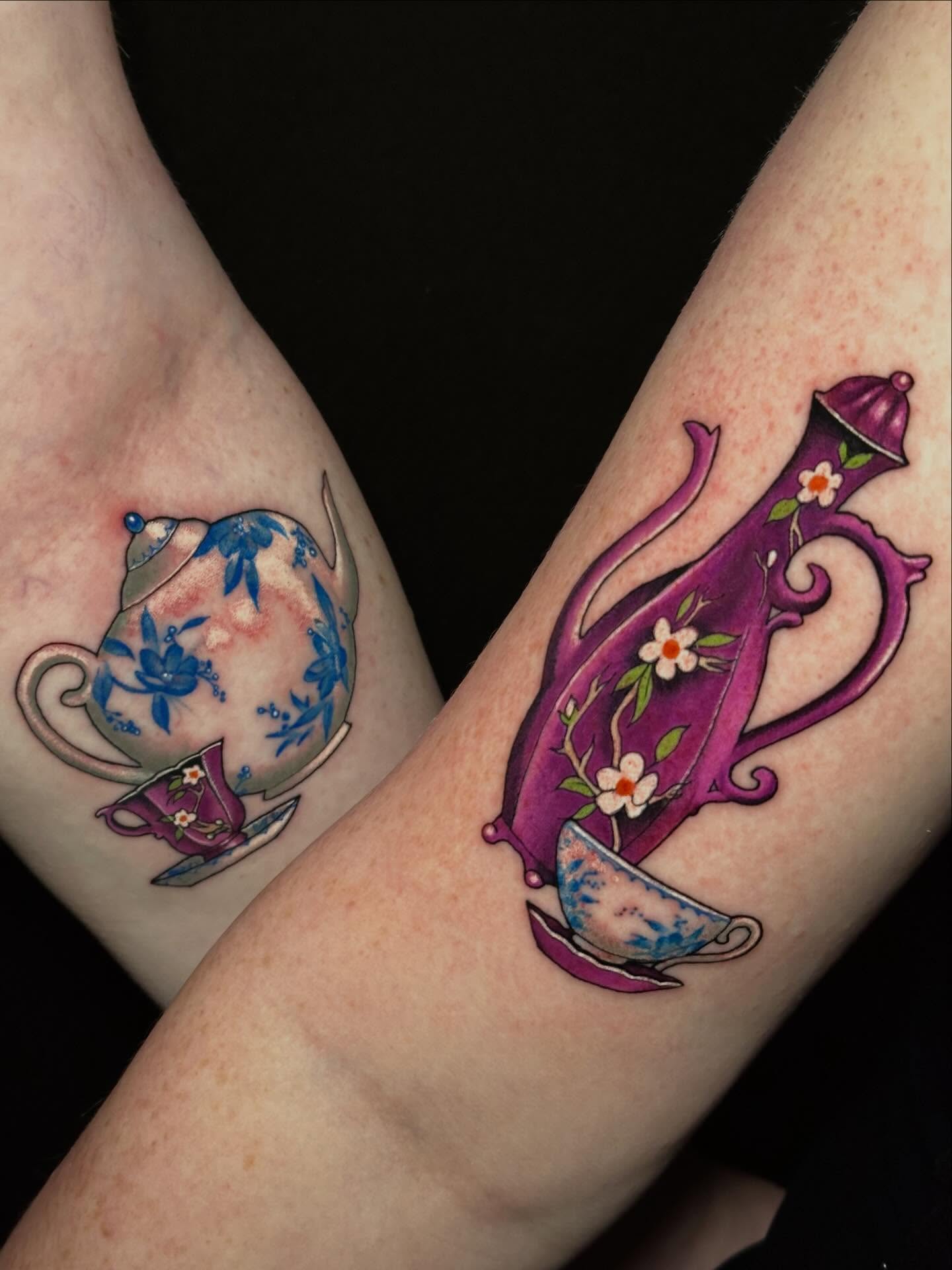 Teapot and teacup new school tattoo on the forearm by Liz McDonald