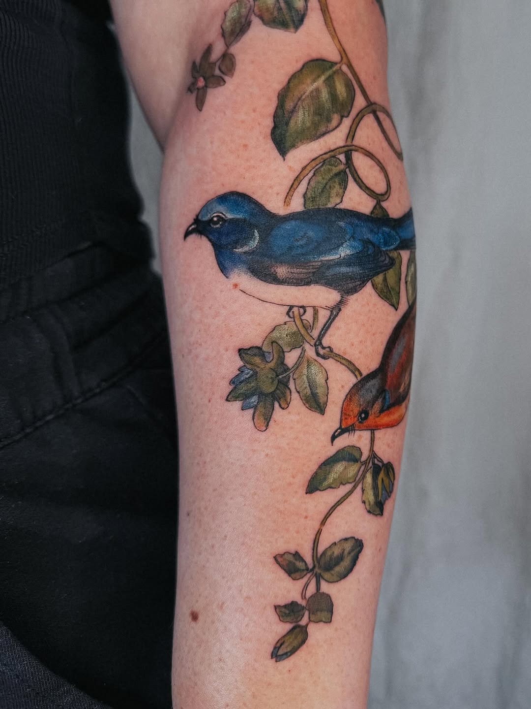 Two birds on a vine fine line tattoo on the forearm by Lucy Yin