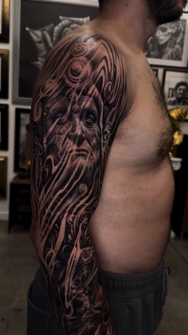 Old man portrait and abstract patterns realism tattoo by Las Vegas tattoo Artist