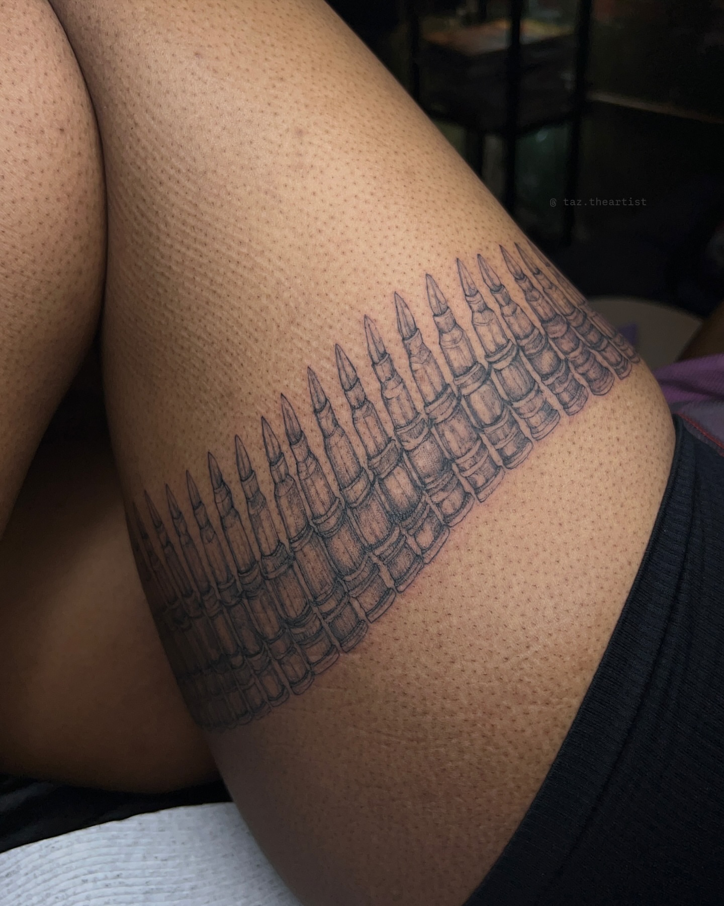 Bullet casings dotwork tattoo on the thigh by 𝖙𝖆𝖟 🫧✮♡ₐₜₗ ₙᵧʗ