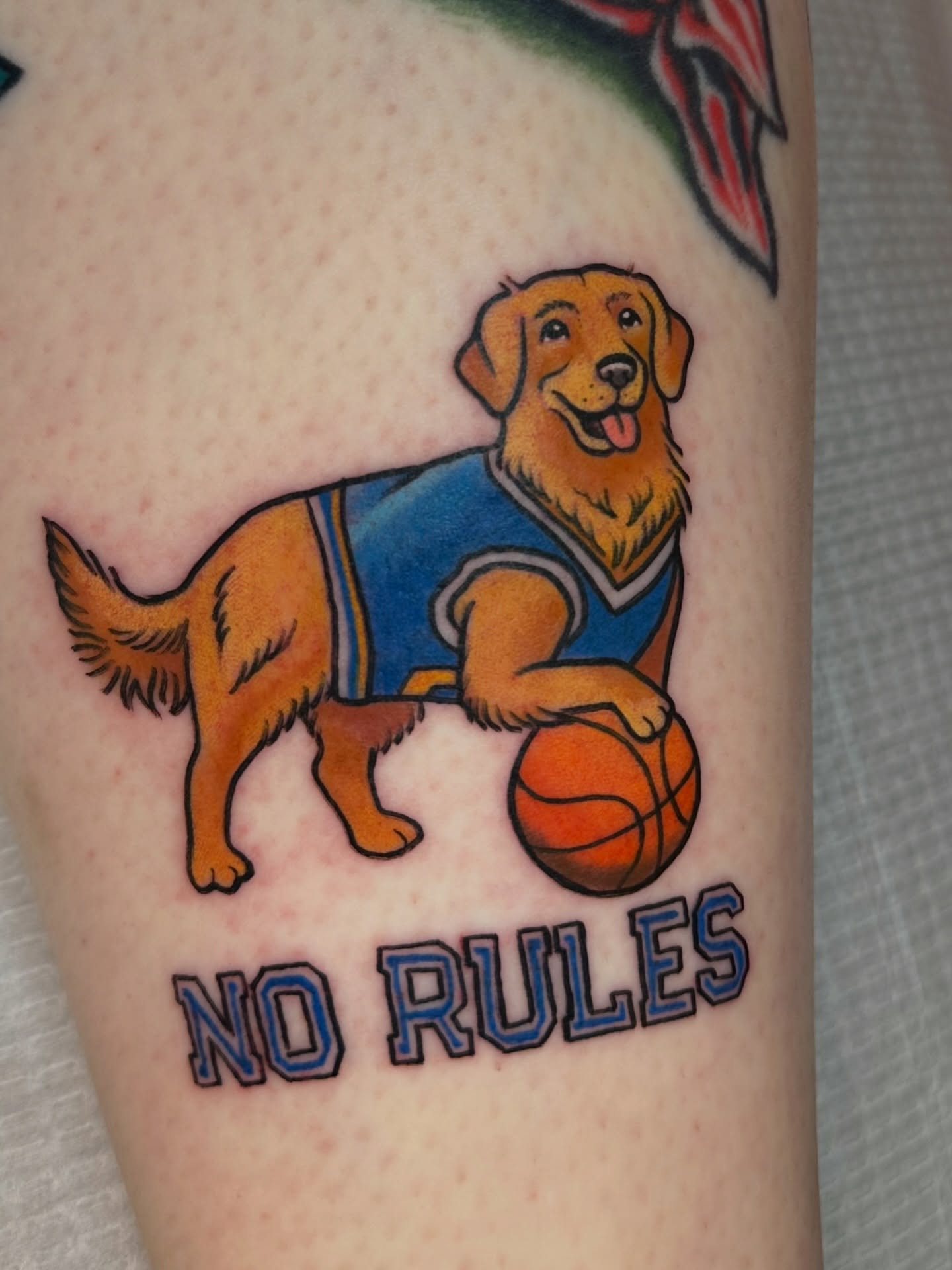 Basketball-playing dog American traditional tattoo on the forearm by 𝔪𝔞𝔩𝔢𝔯𝔦𝔢 𝔫𝔢𝔳𝔢𝔯𝔪𝔬𝔯𝔢 🐦‍⬛ 𝔫𝔢𝔴 𝔧𝔢𝔯𝔰𝔢𝔶 𝔱𝔞𝔱𝔱𝔬𝔬