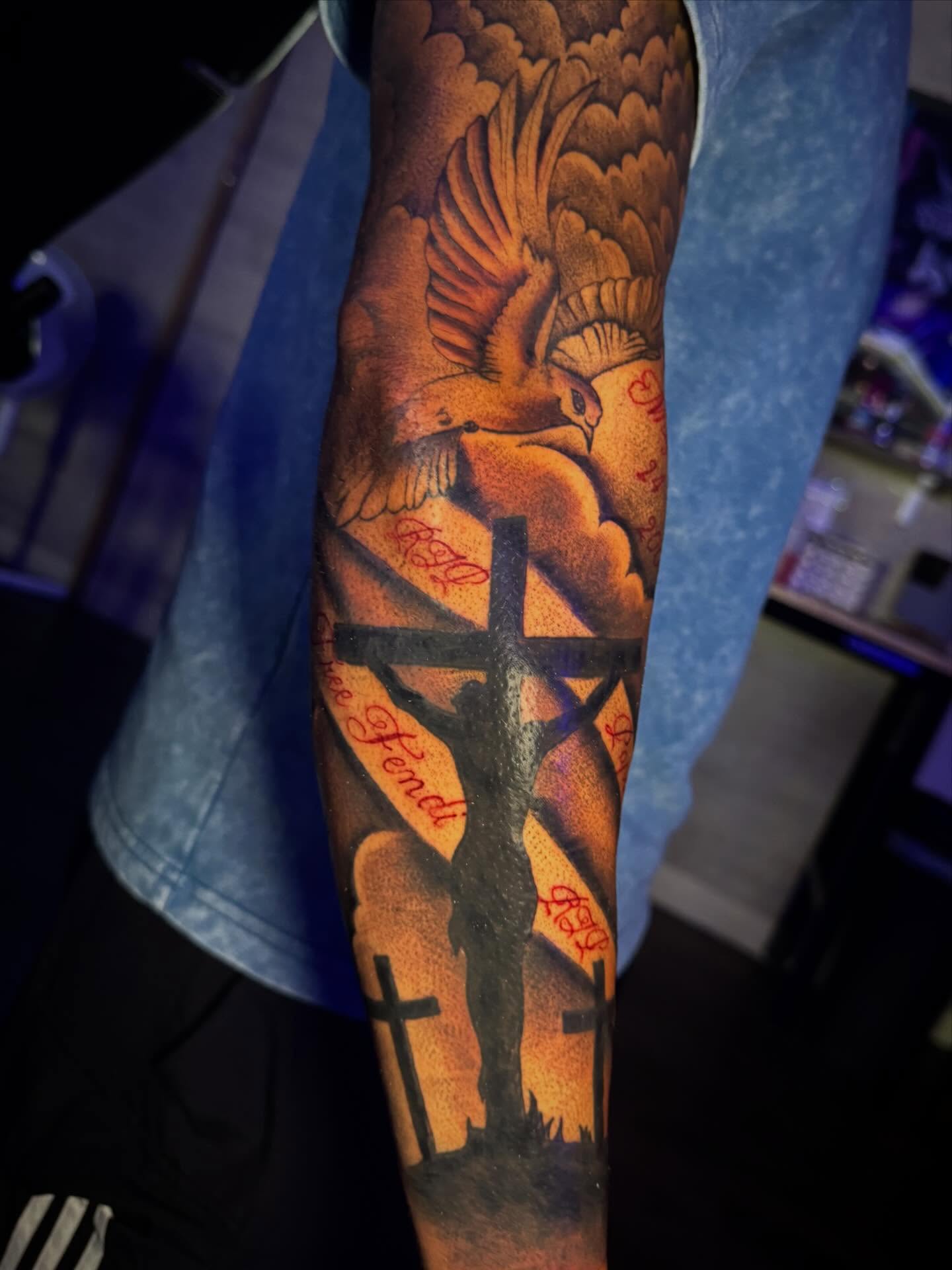 Eagle and cross American traditional tattoo on the forearm by LeLe