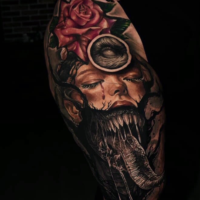 Tattoo by @danaratattoos — dark_realism, black_and_grey