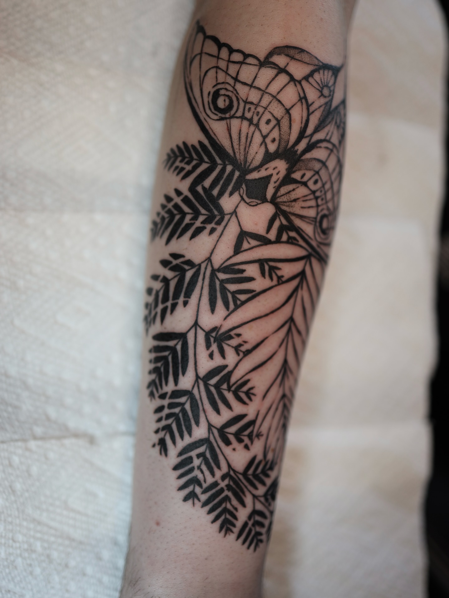 Butterfly and leaves black and grey tattoo on the forearm by morgan purcey