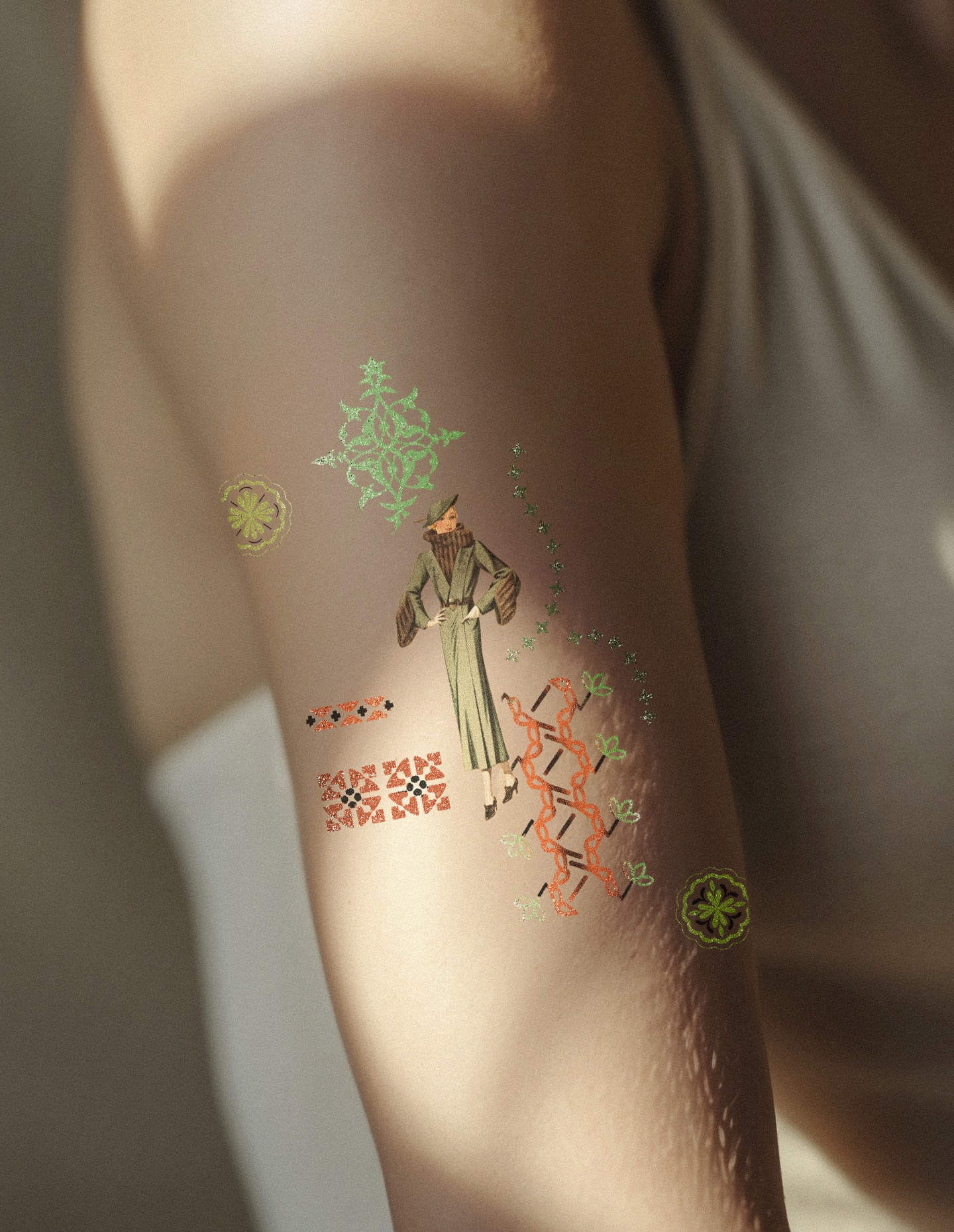Fashion illustration illustrative tattoo on the forearm by Micah Light (color micro realism, Los Angeles, California