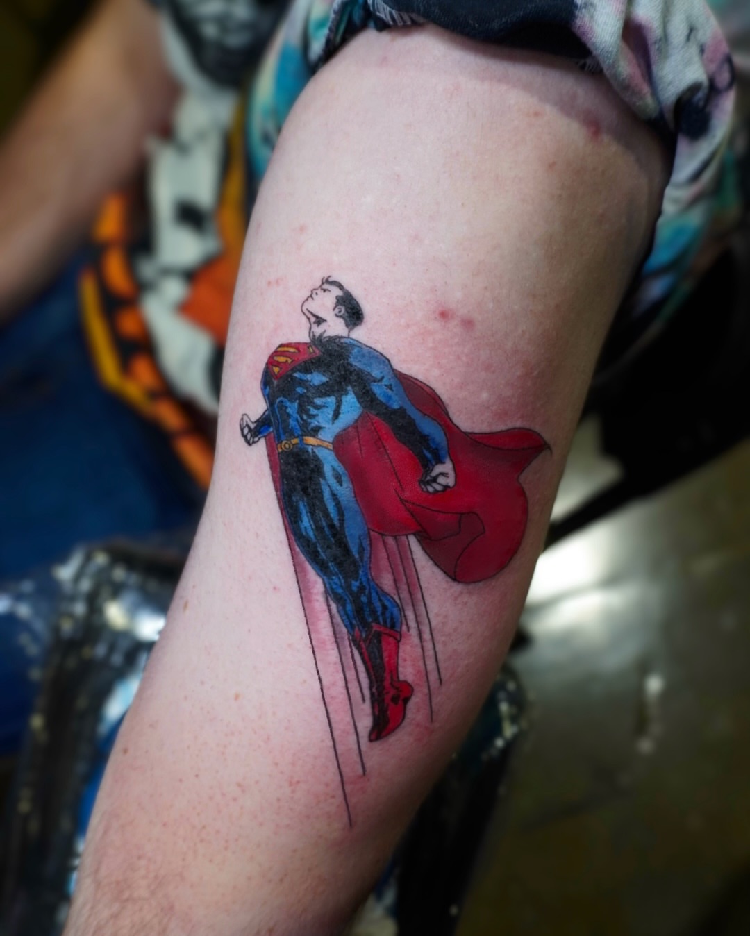 Superman new school tattoo on the forearm by Ericka Hampton, Ferndale, Michigan