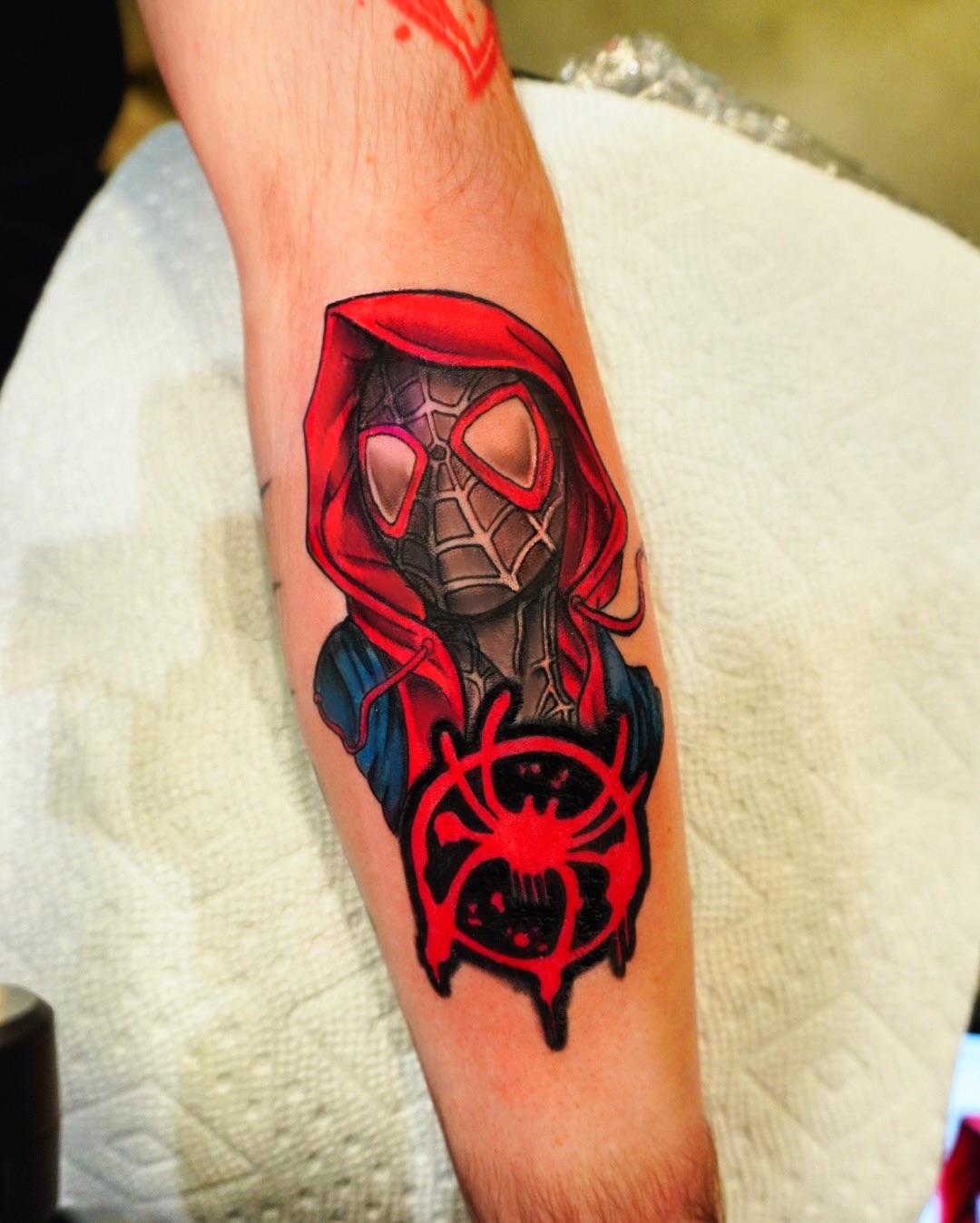 Spider-man new school tattoo on the forearm by Ericka Hampton, Ferndale, Michigan