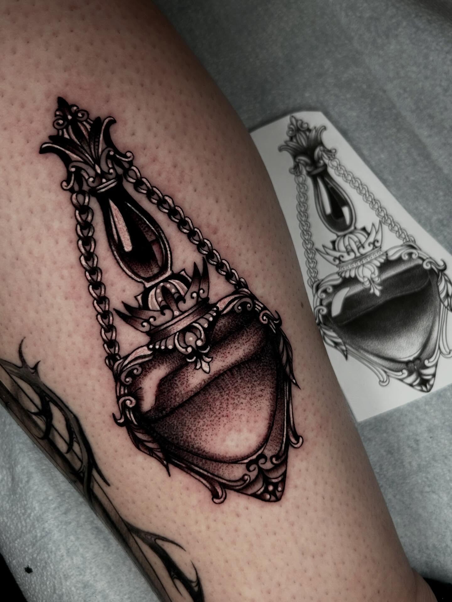 Hourglass black and grey tattoo on the thigh by ✮ Monarch Tattoos ✮