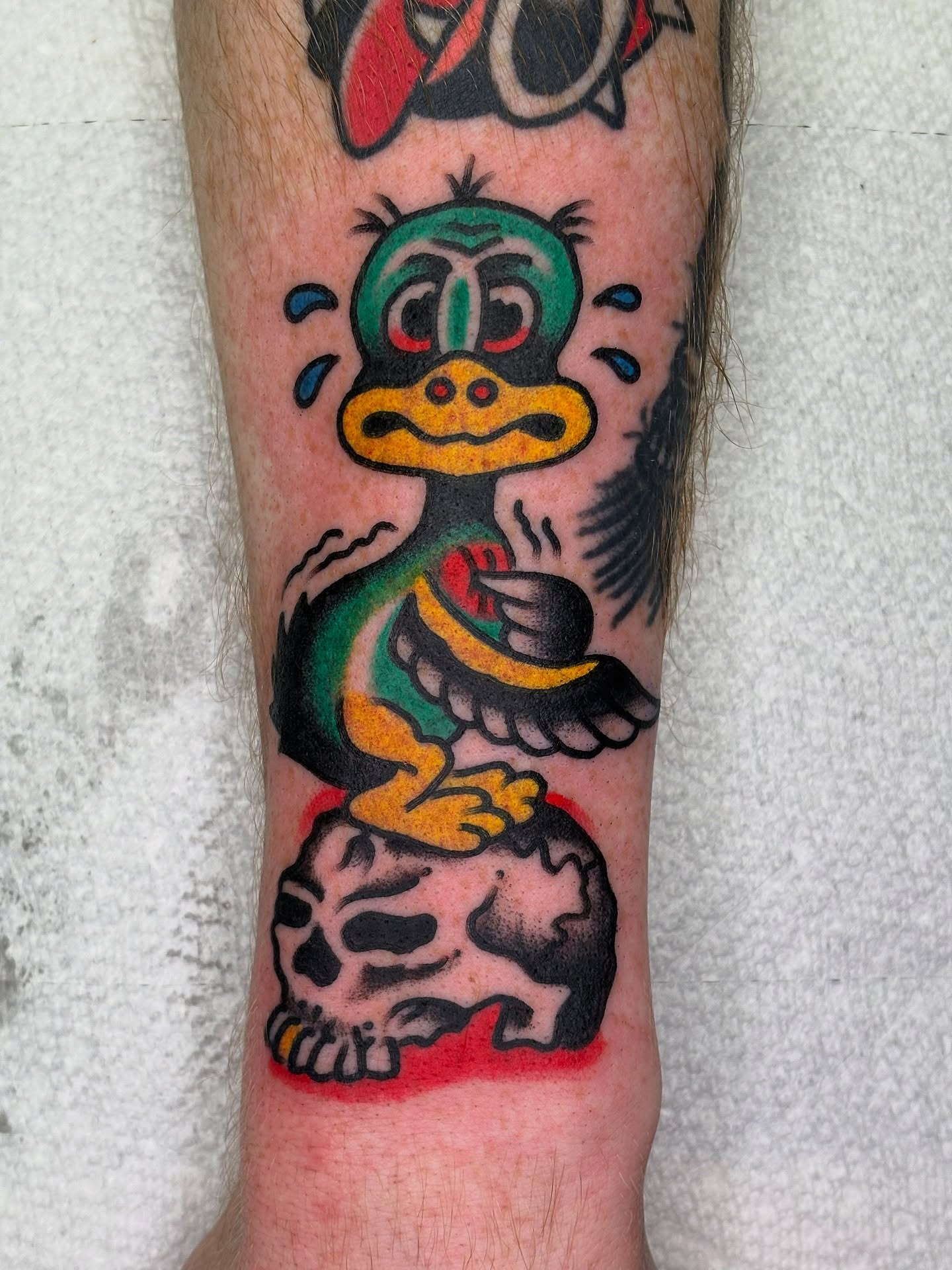 Duck on skull American traditional tattoo on the forearm by Andrew Silva