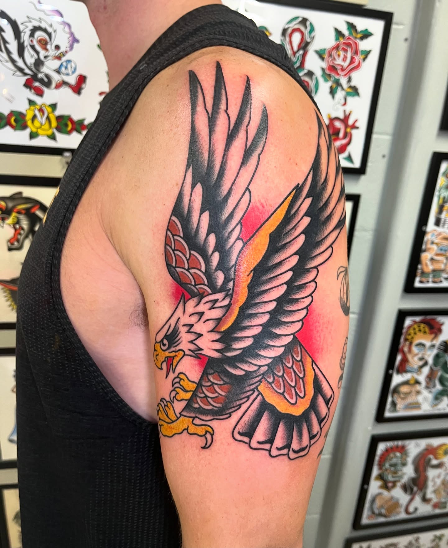 Eagle American traditional tattoo on the shoulder by Tim Howell