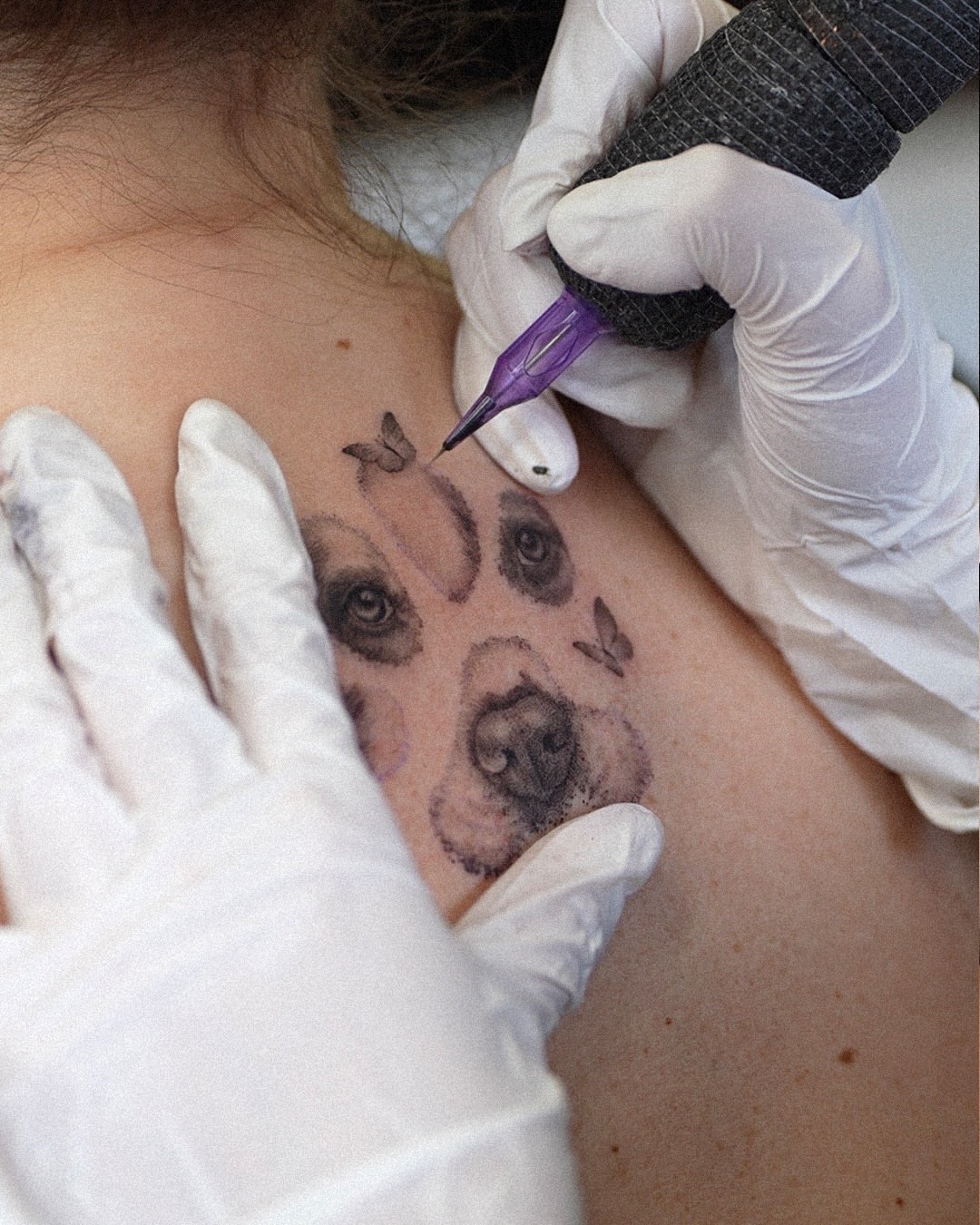 Dog realism tattoo on the shoulder by Ria Kim 김리아