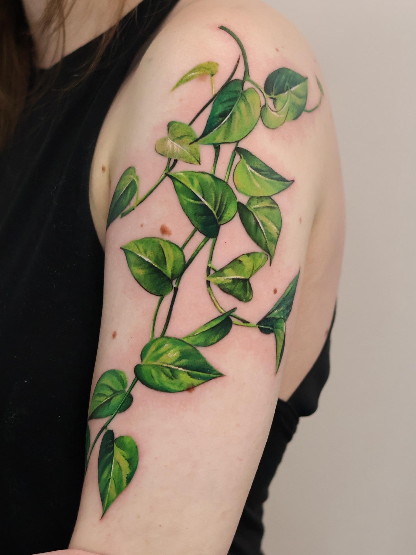 Leafy vine realism tattoo on the upper arm by 𝒀𝒖𝒏𝒎𝒊 𝑷𝒂𝒓𝒌