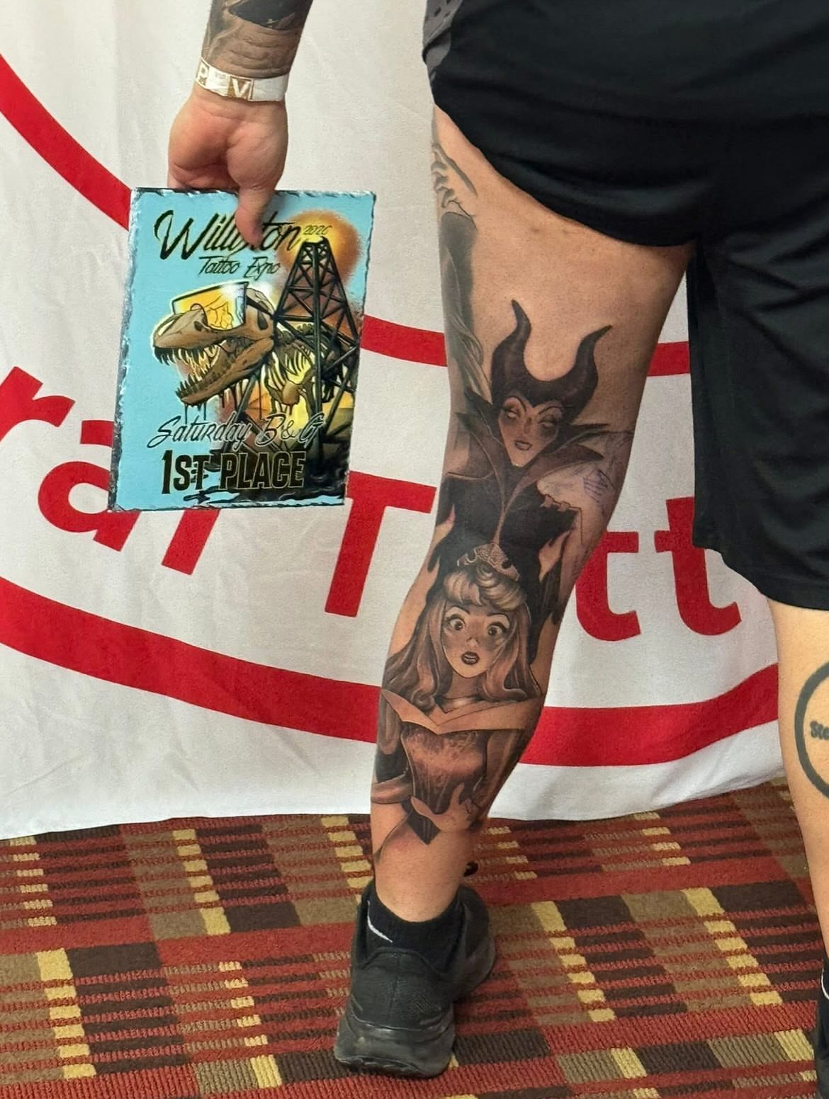 Maleficent and aurora American traditional tattoo on the leg by Ruben