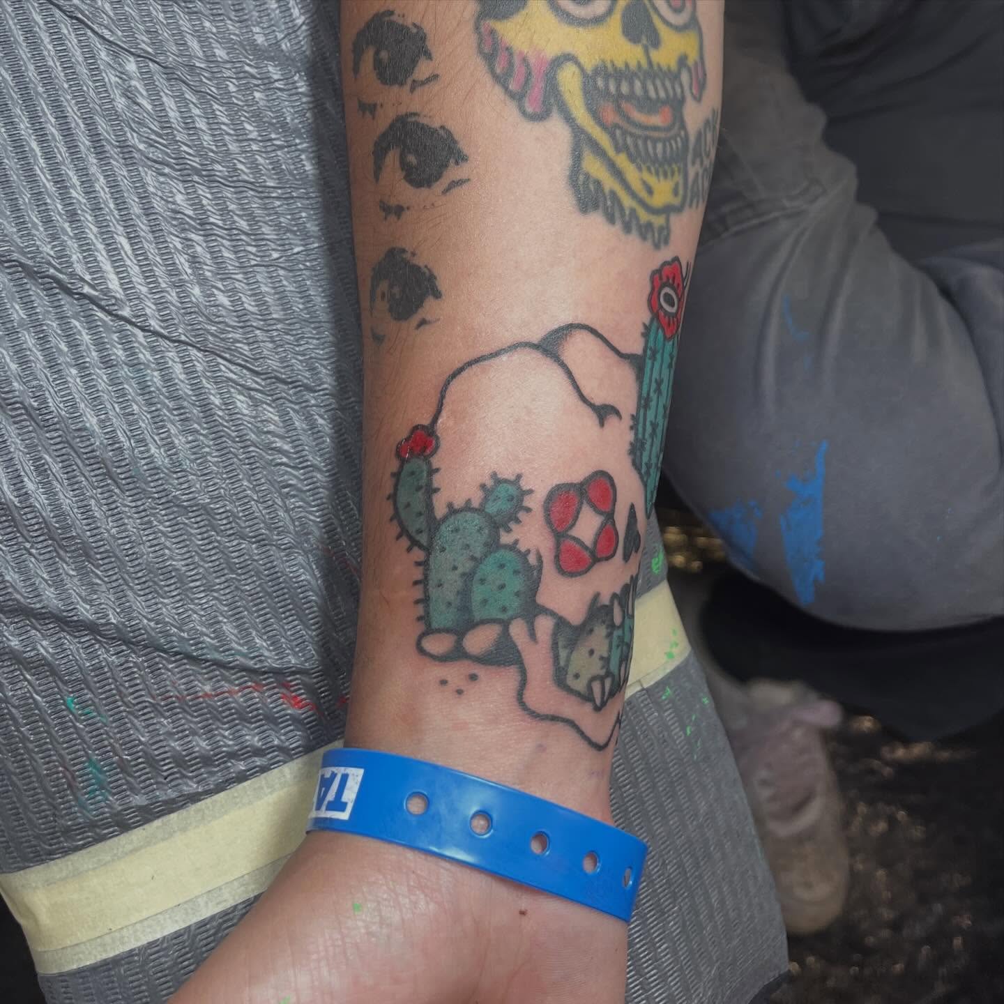 Cactus and skull American traditional tattoo on the forearm by madelynne (maddie) caldwell tattoos