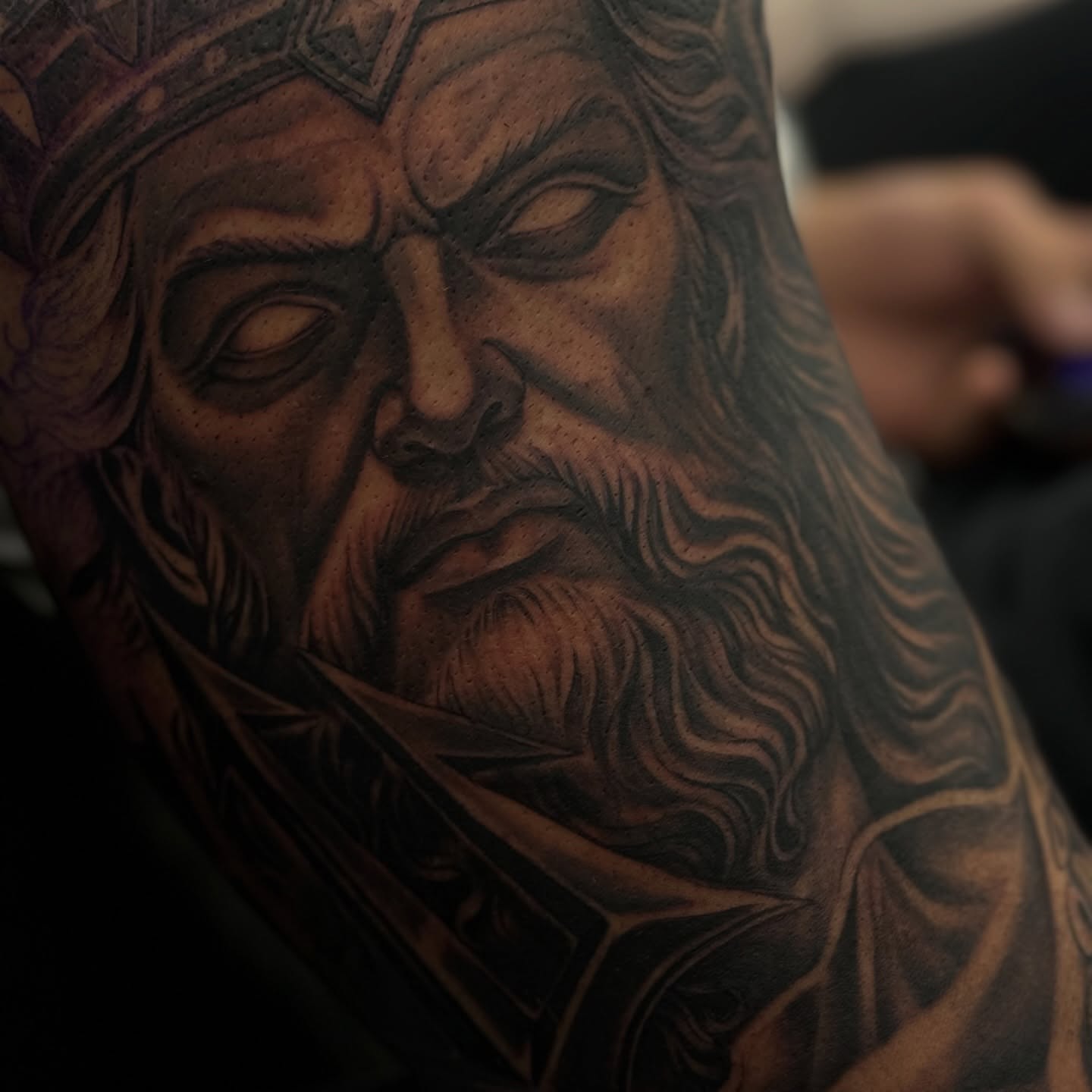 Bearded man realism tattoo on the forearm by Indiana Tattoo Artist