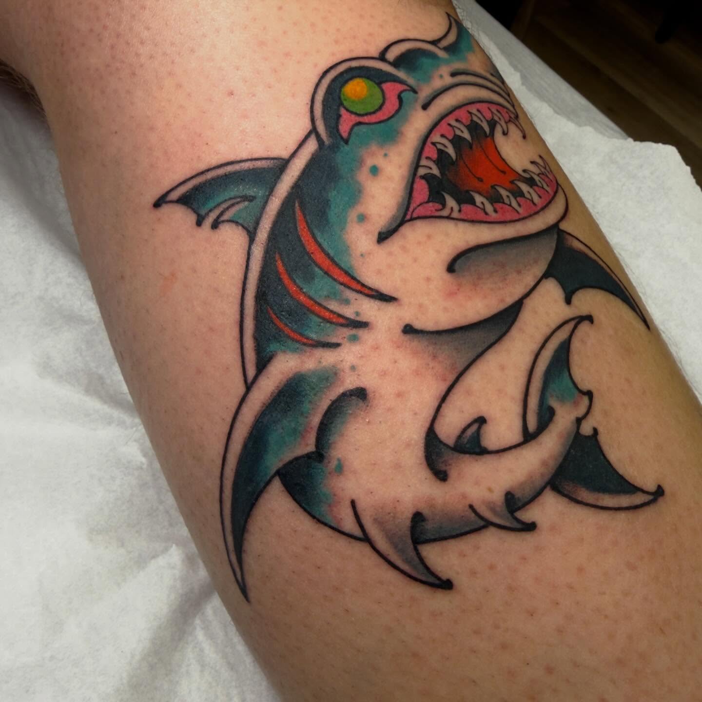 Dragon American traditional tattoo on the thigh by Bryan Ortega