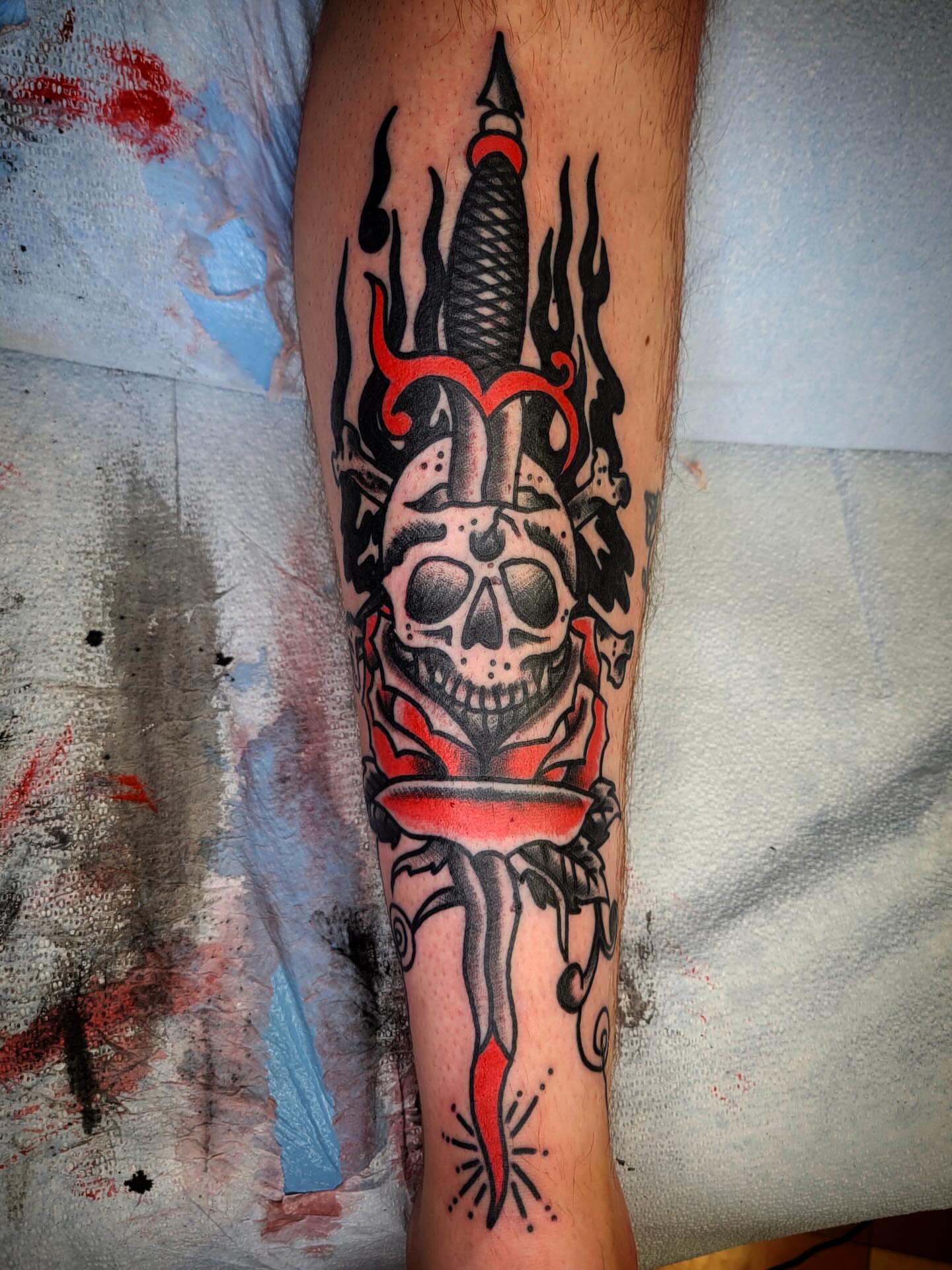 Skull and dagger American traditional tattoo on the forearm by joe martinez, Denver, Colorado