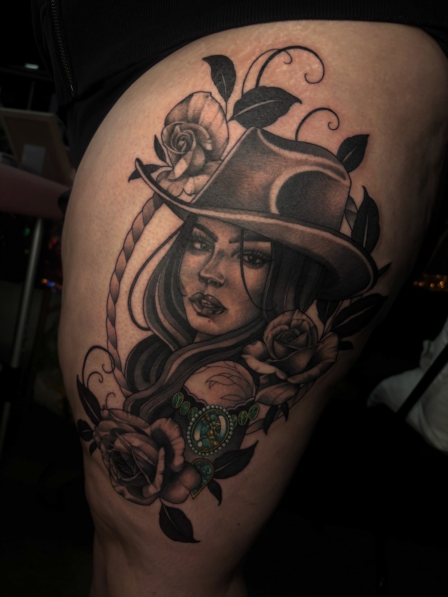 Cowgirl portrait American traditional tattoo on the thigh by š¤Madeline Kristenš¤, Somerset, Wisconsin
