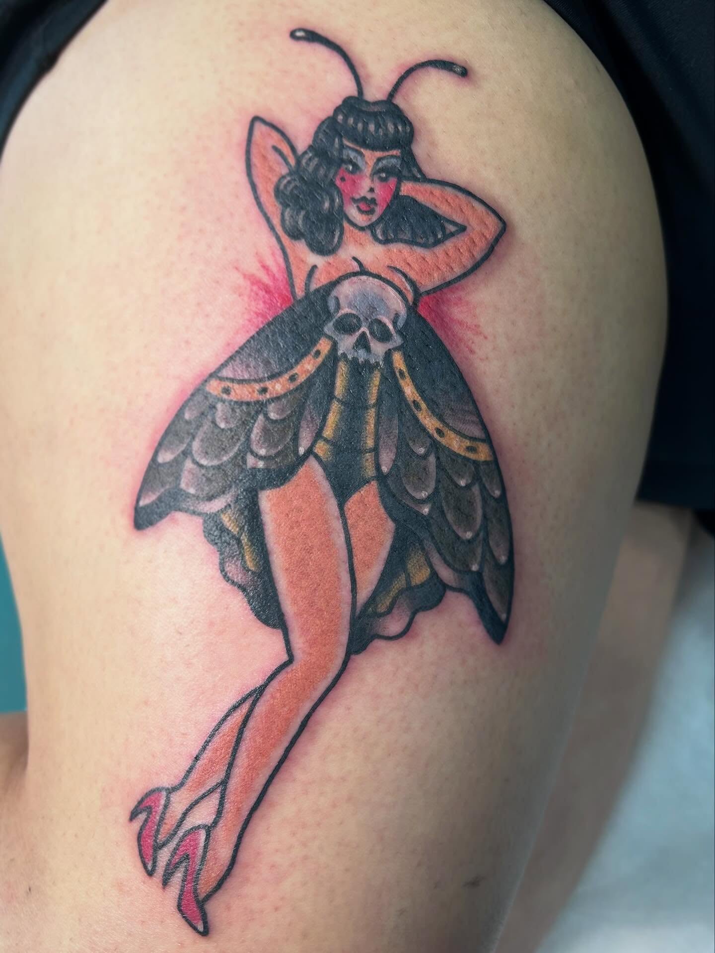 Butterfly fairy American traditional tattoo on the thigh by Morgan Hazer Tattoos, Cedar Rapids, Iowa