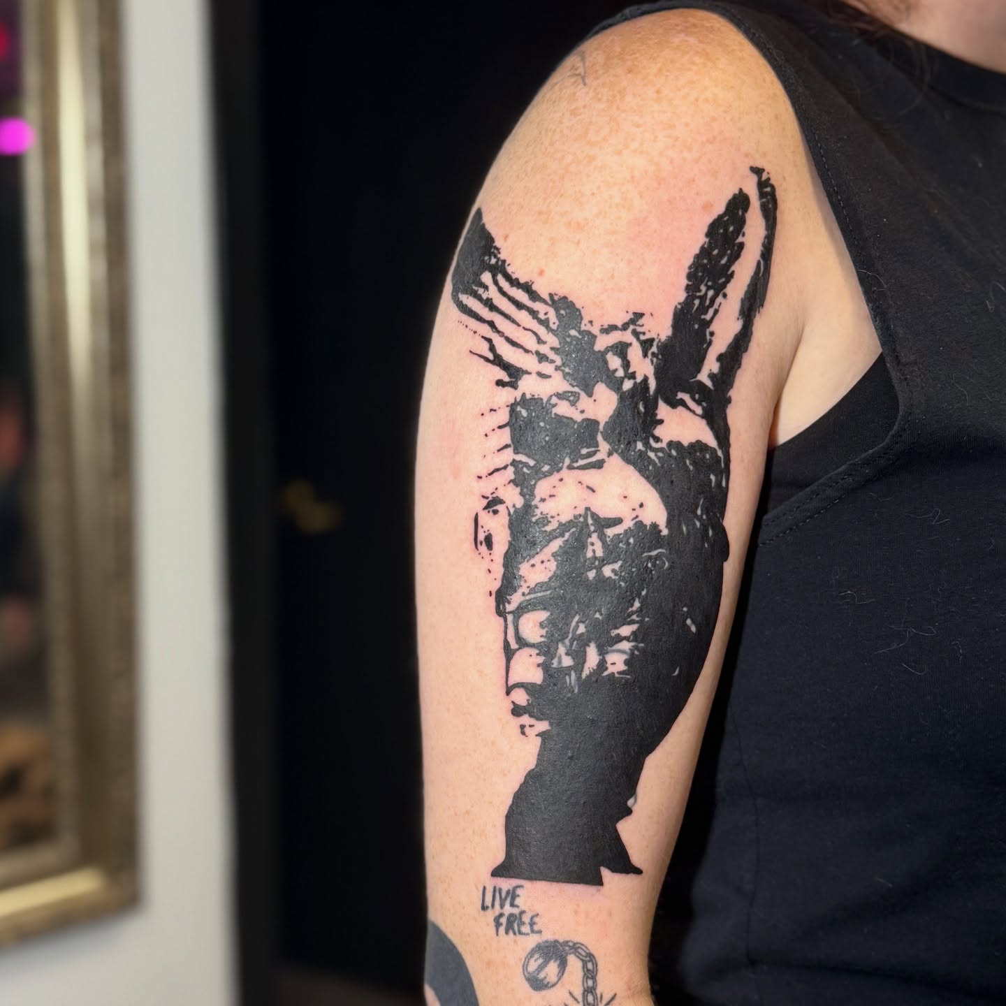 Rabbit black and grey tattoo on the shoulder by 🌸Blossom🌸