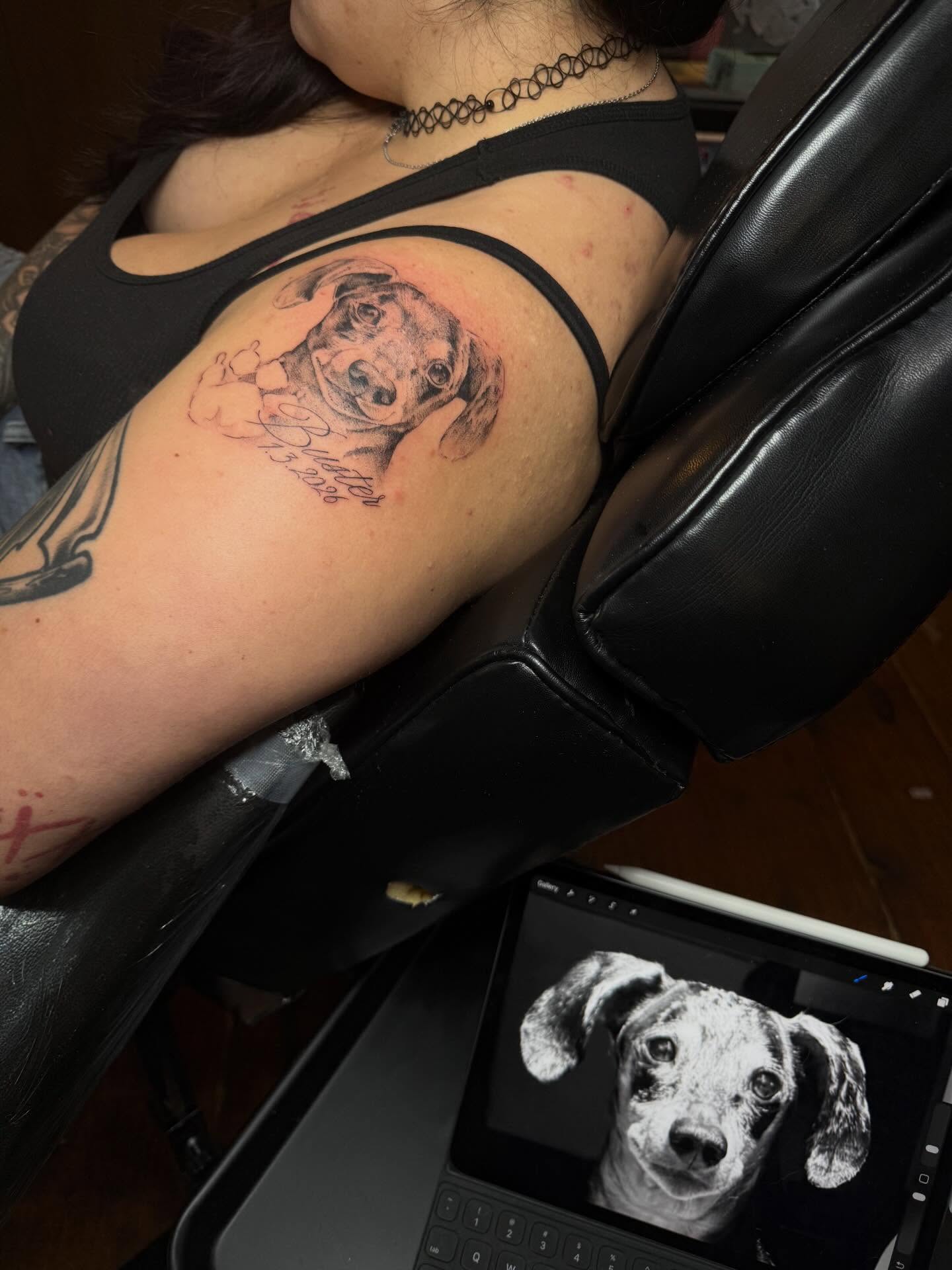 Dog realism tattoo on the thigh by Michela's Tattoo's