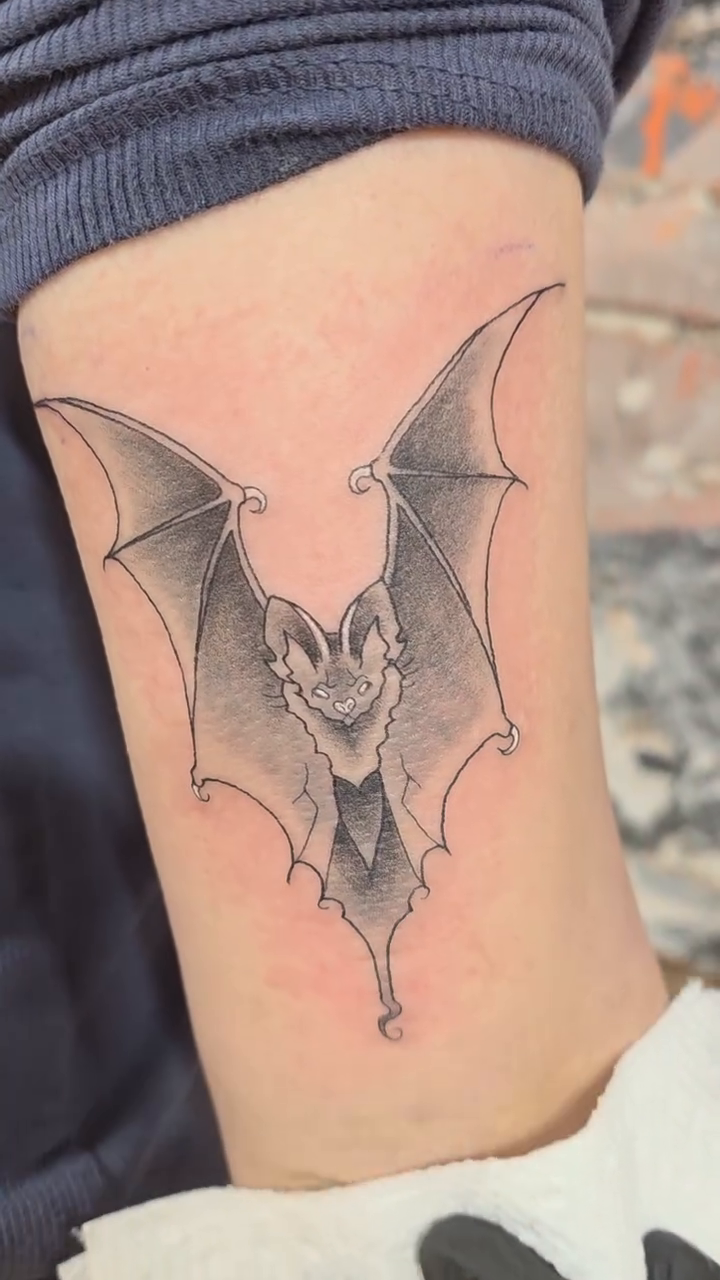 Bat tattoo dark art tattoo on the forearm by Tattoos by Annie
