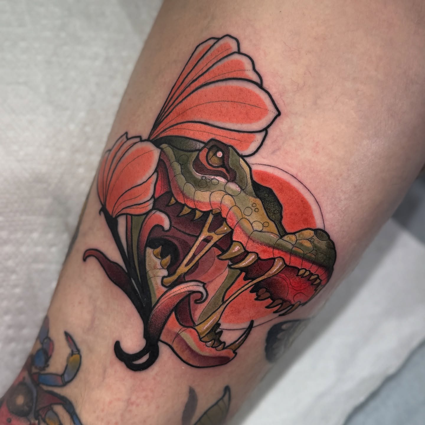 Chameleon and flower American traditional tattoo on the forearm by Matt - Neotrad Tattoos, New York, New York