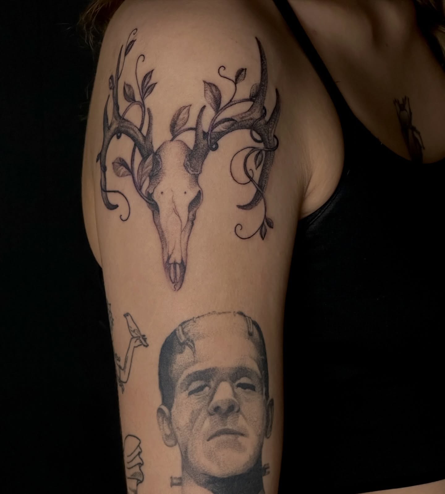 Deer skull with antlers realism tattoo on the shoulder by Zoe Arrigo