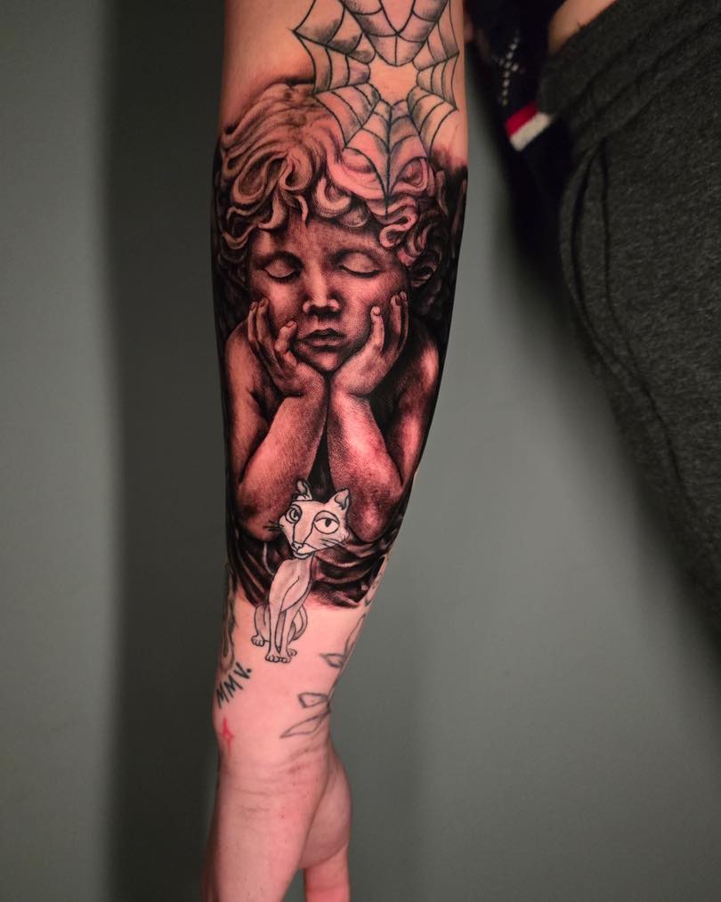 Child with cat realism tattoo on the forearm by Tank Maass