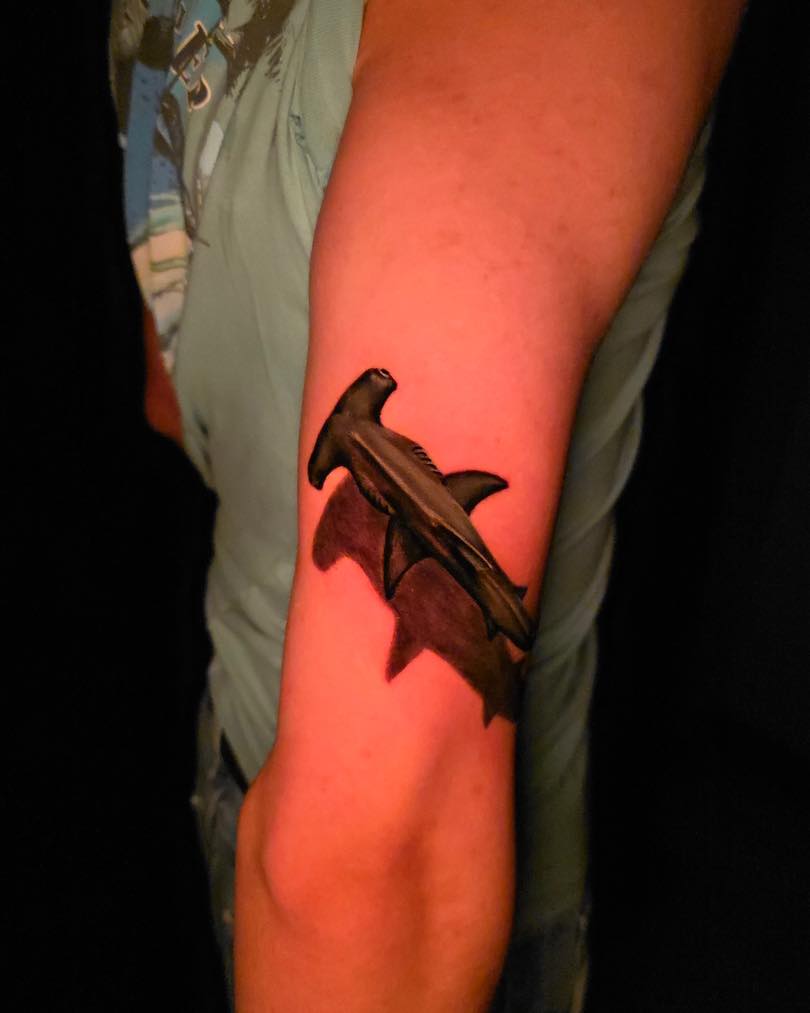 Hammerhead shark realism tattoo on the forearm by Tank Maass